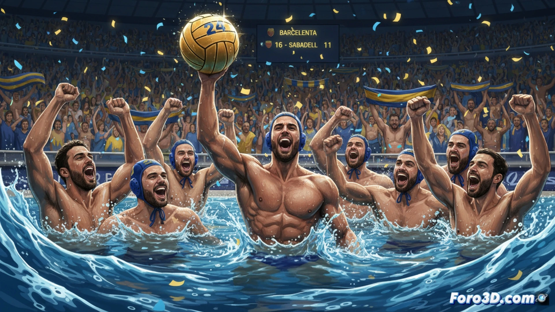 waterpolo match action shot, player throwing ball towards goal with high arc, defenders splashing water while blocking, scoreboard showing 11-16 in background, underwater camera angle, pool water texture with bubbles and ripples, blue and white caps contrast, dynamic motion blur on ball trajectory, photorealistic sports photography style, dramatic stadium lighting reflecting on wet surfaces, intense competitive atmosphere, ultra-detailed water droplets and splashes