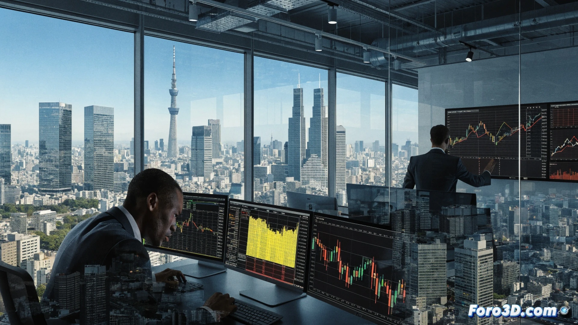 Barclays trading floor in Tokyo, financial analysts in suits examining multiple stock market monitors showing Japanese yen and Nikkei index growth, hands pointing at real-time data streams, glowing green candlestick charts, modern office interior with glass walls and city skyline visible through windows, photorealistic cinematic style, dynamic lighting from screens reflecting on faces, focused professional atmosphere, investment tools and keyboards visible, action of strategic decision-making demonstrated during market analysis