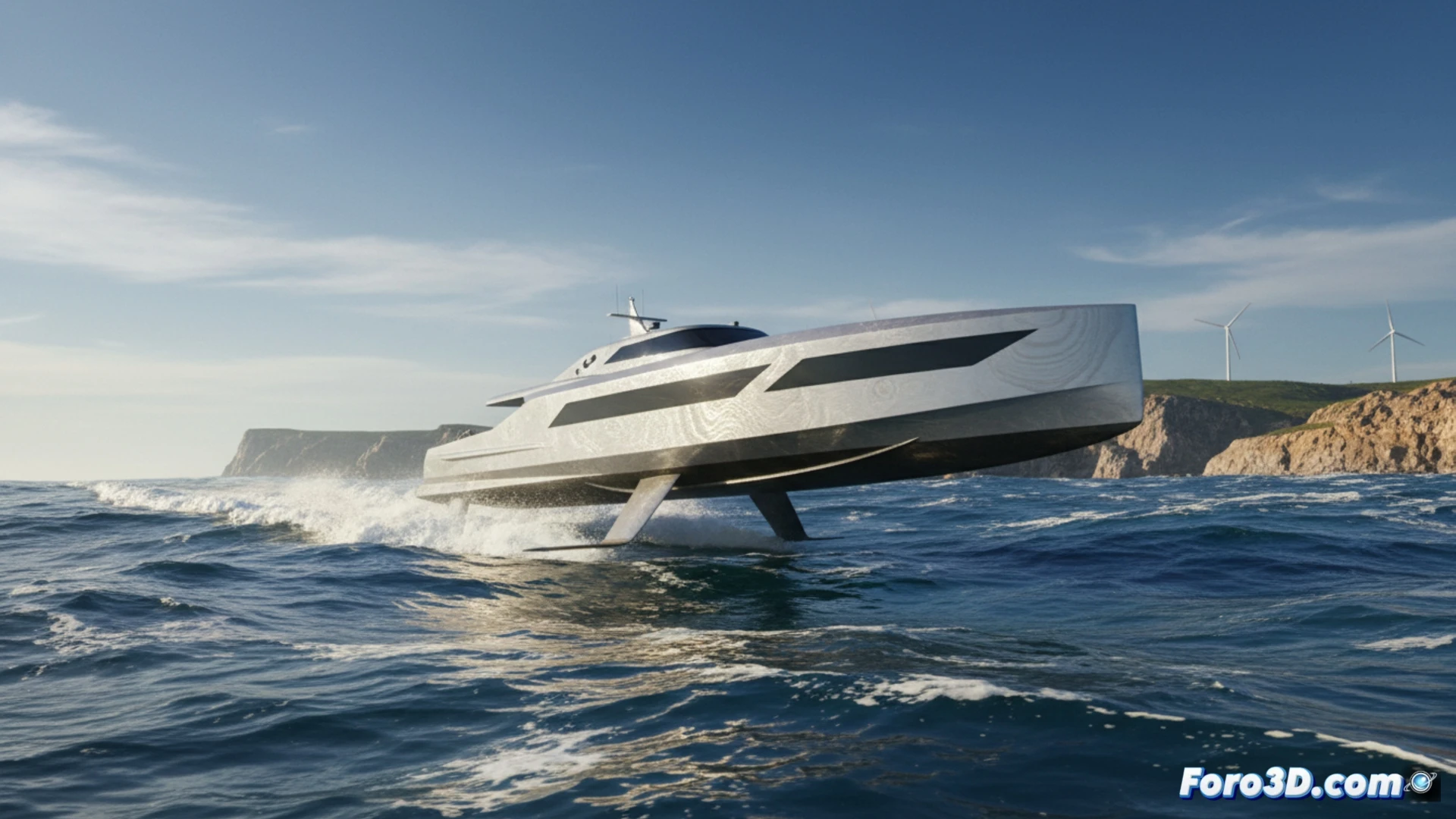 autonomous 3D-printed trimaran hull cutting through ocean waves at 40 knots, bow lifting spray, robotic arm with extrusion nozzle depositing composite material layer by layer during construction, internal lattice framework visible through translucent hull section, GPS antenna and sensor arrays on deck, cinematic engineering visualization, photorealistic maritime lighting, dynamic water interaction with wake turbulence, carbon fiber texture details, sunset horizon with dramatic clouds, ultra-sharp focus on hull surface and wave impact