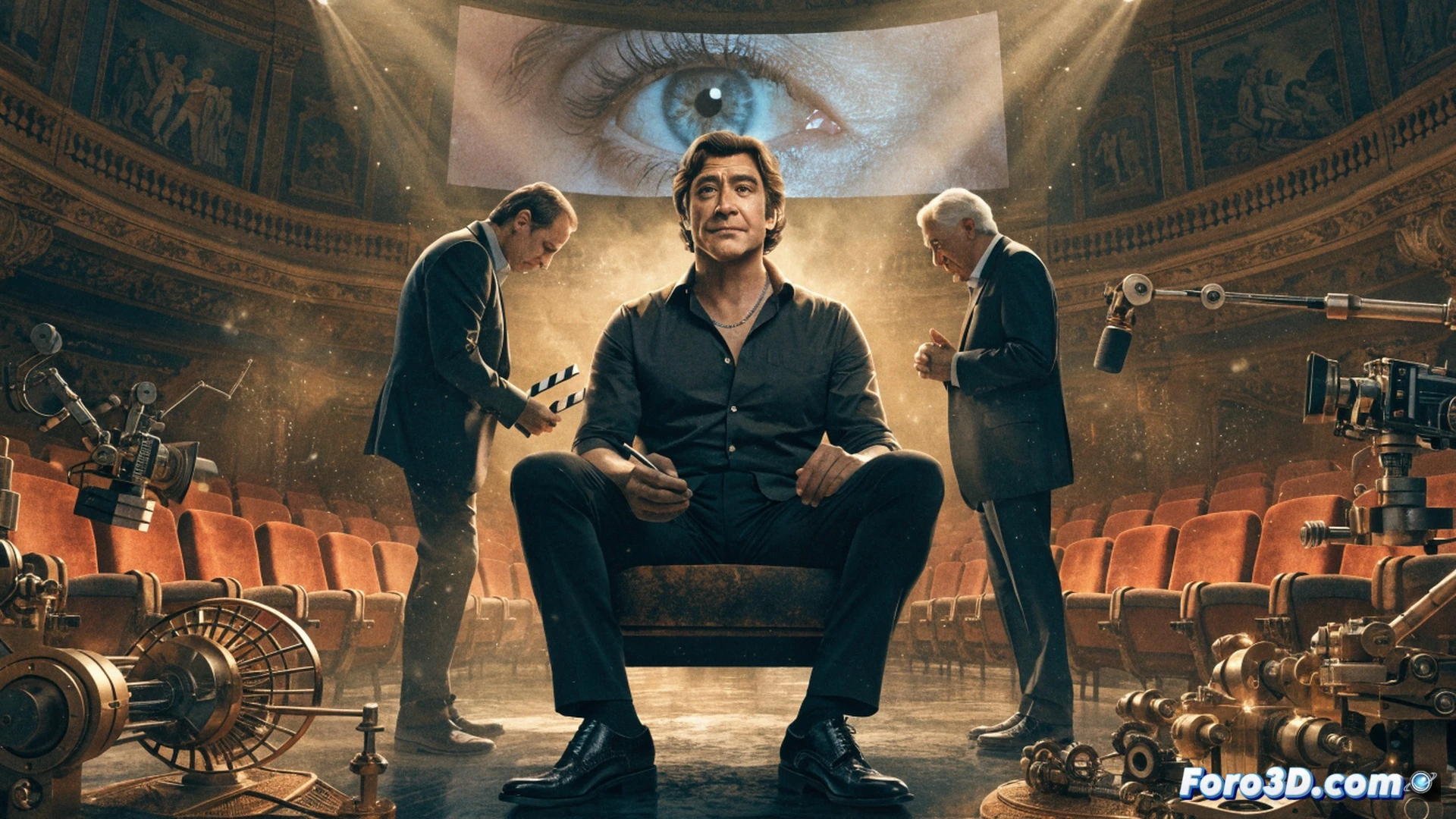 Javier Bardem presionando sus manos contra cemento húmedo en el Paseo de la Fama de Hollywood, cámara de cine clásica sobre trípode capturando el proceso, reflectores iluminando la escena nocturna, huellas digitales frescas marcando el bloque, directores Villeneuve y Mann observando desde atrás, fondo con luces de marquesina de teatro, estilo cinematográfico photorealistic, textura granulada de celuloide, sombras dramáticas, multitud borrosa en segundo plano, acción de inmortalización demostrando el gesto simbólico.