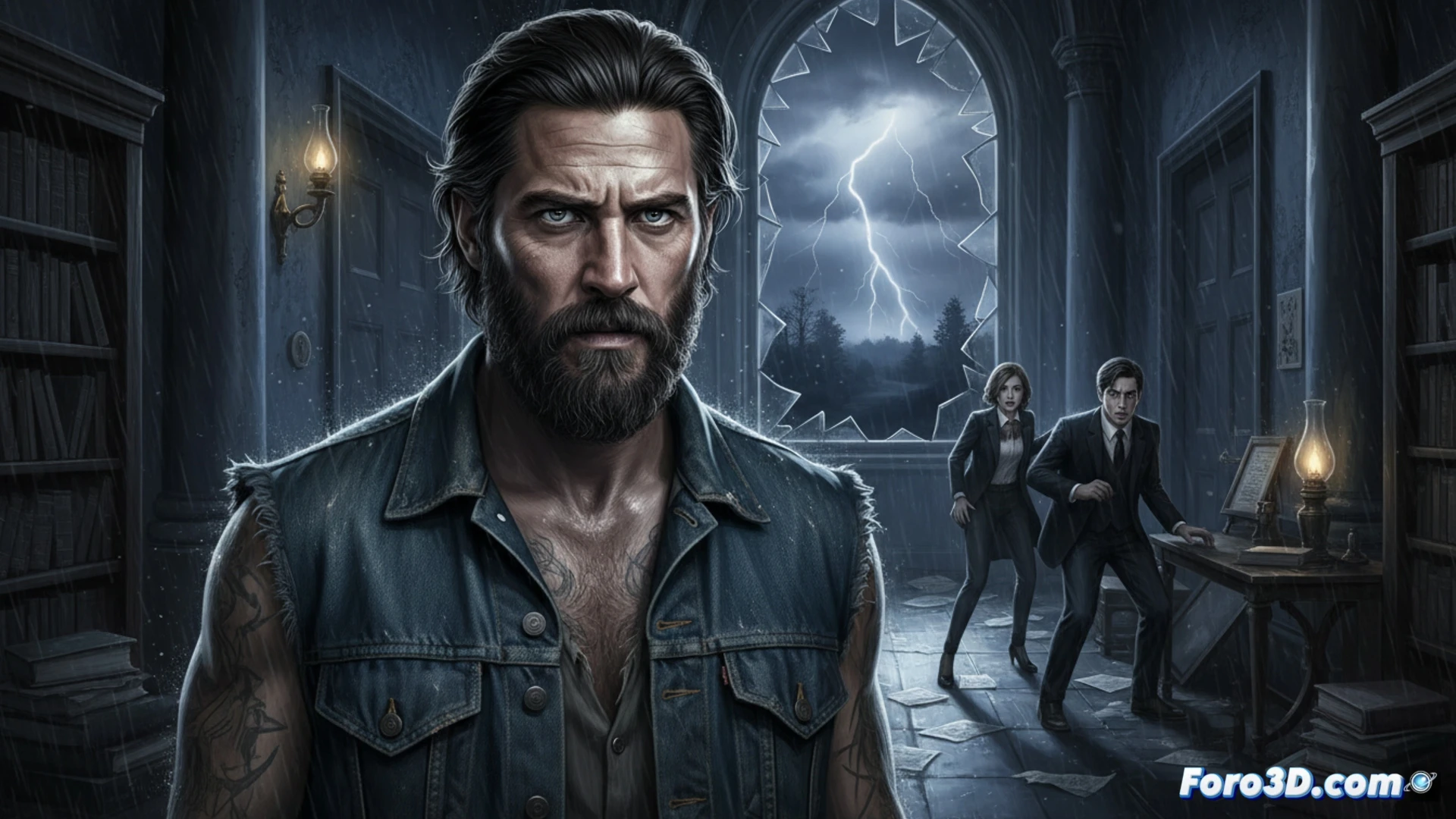 javier bardem como max cady en primer plano, tatuajes de prision visibles, mirada intimidante, sosteniendo un cuchillo oxidado mientras camina por un callejon oscuro y lluvioso, reflejos de neón en charcos, al fondo una casa suburbana iluminada con siluetas de una pareja de abogados mirando por la ventana, tension psicologica palpable, estilo cinematografico noir, fotorealista, iluminacion dramatica de alto contraste, textura granulada de pelicula clasica, profundidad de campo estrecha, atmosfera humeda y amenazante, ultra detallado