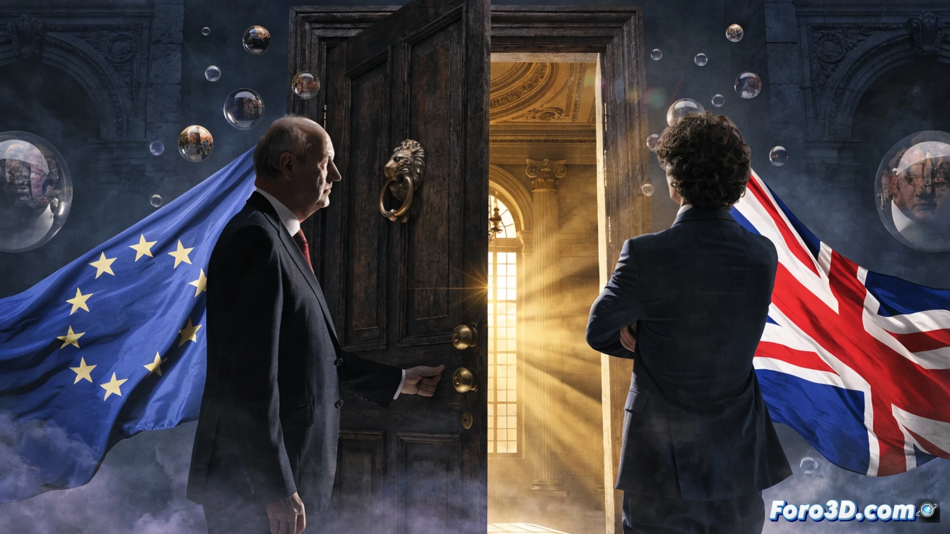 European Union flag and Union Jack flag merging in mid-air over a negotiation table, Michel Barnier figure pointing at a European passport while a British passport lies open, customs documents and trade agreements scattered, a door slightly ajar with a chain lock partially undone, cinematic photorealistic style, dramatic overhead lighting casting long shadows, polished mahogany table reflecting documents, ultra-detailed textures on paper and metal, political negotiation atmosphere, high-contrast chiaroscuro lighting, 8K technical render