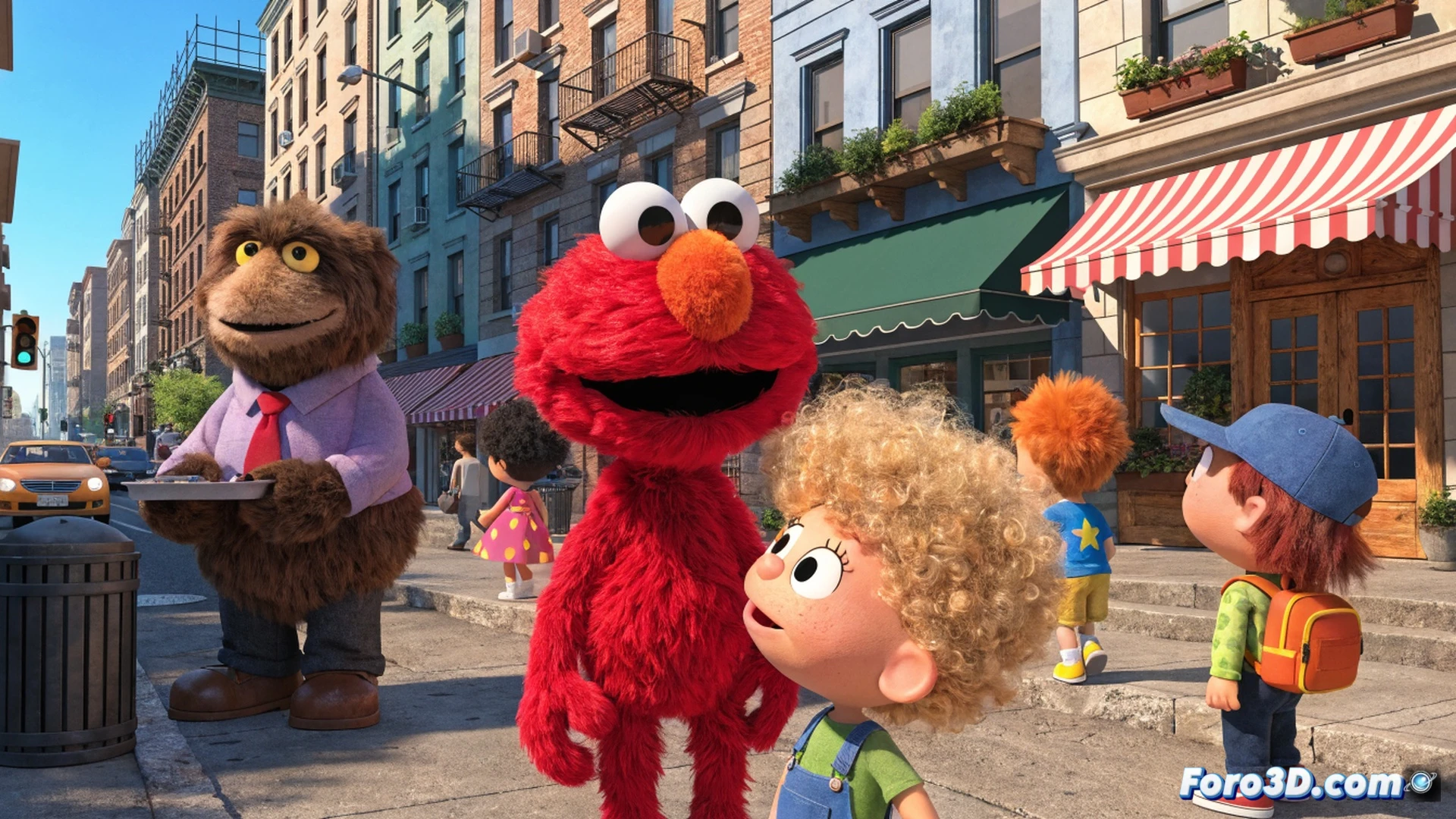 3D childrens video game scene, young child character with customizable avatar standing on a colorful street, Elmo holding a glowing number block while pointing at a math equation floating in midair, cooperative gameplay action showing two kids solving a puzzle together, bright sunny day in Sesame Street, cartoonish 3D render style, playful educational tools like a bouncing calculator and spinning alphabet cube, friendly monsters watching from a nearby stoop, soft warm lighting, vibrant primary colors, detailed textures on brick buildings and grass, clean family-friendly aesthetic, joyful learning atmosphere, no text or numbers visible