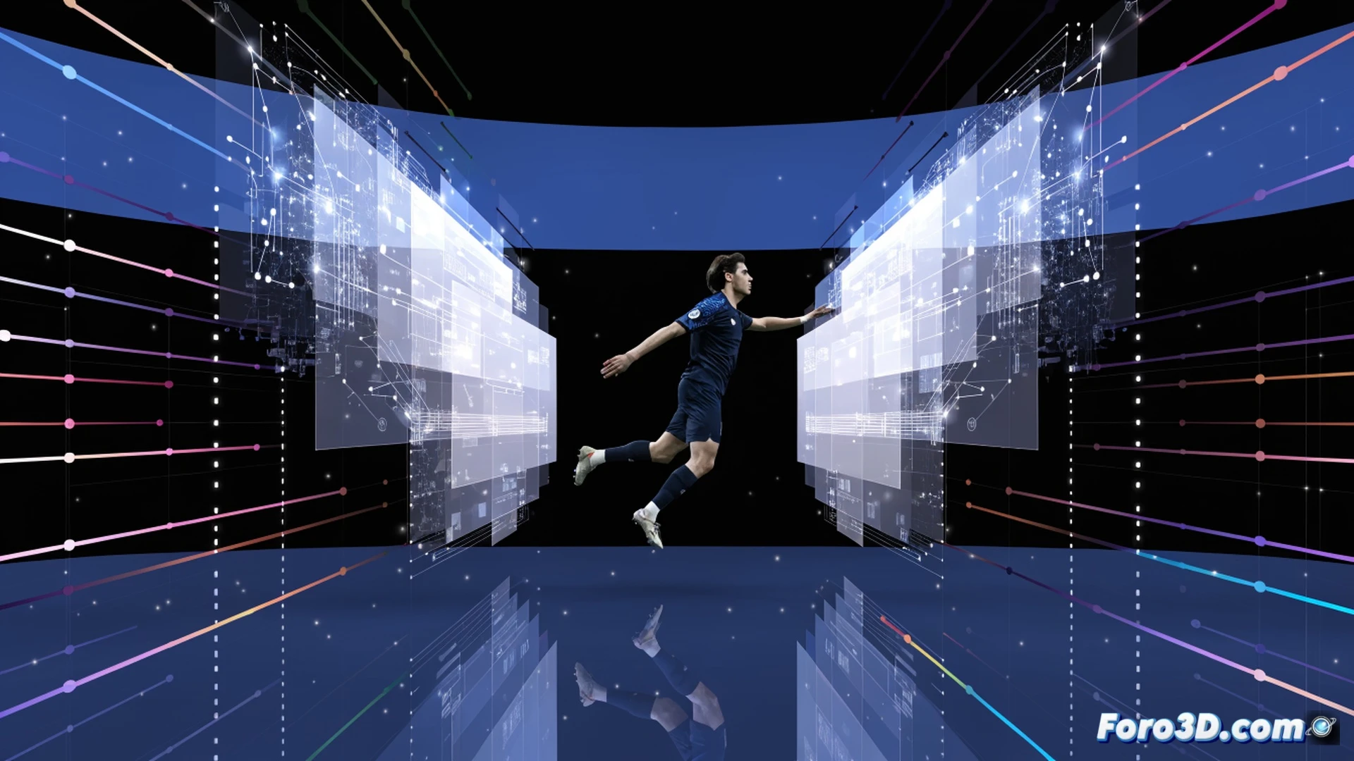 Alessandro Bastoni in defensive action, scanning the field while receiving a high pass, one-touch control redirecting the ball forward, opposing striker pressing from behind, green pitch with tactical grid overlay, blue and black Inter jersey, dynamic pose with extended leg, cinematic sports visualization, motion blur on ball trajectory, glowing passing lanes shown as curved light trails, stadium floodlights creating dramatic shadows, photorealistic technical render, ultra-detailed fabric texture and grass blades, high-intensity match atmosphere