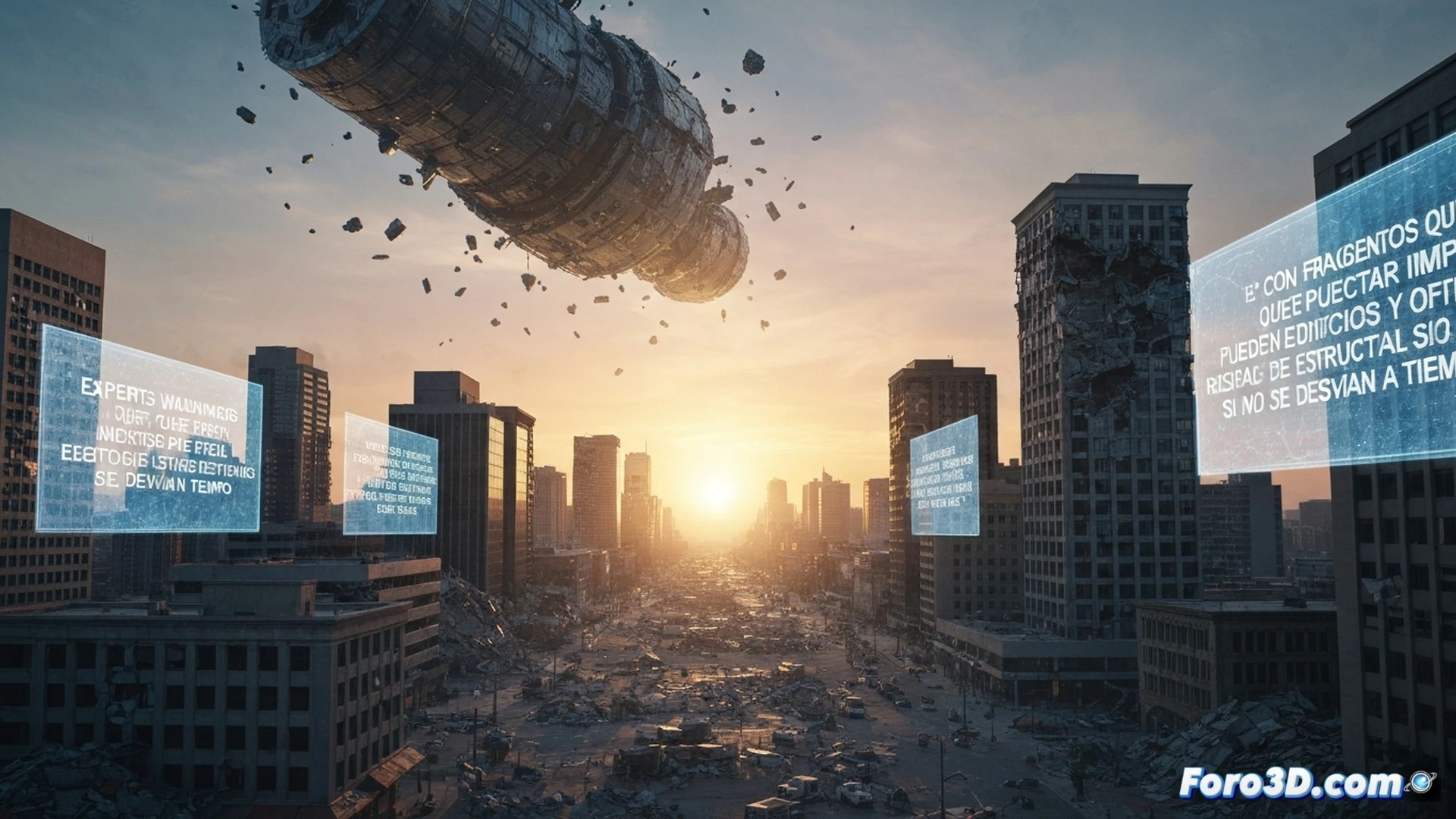 Large metallic debris fragment from space cutting through atmosphere, glowing red-hot as it descends toward a dense urban skyline, office buildings and residential towers visible below, trajectory path shown with dashed orange lines, fragment breaking into smaller pieces during re-entry, cinematic engineering visualization, photorealistic atmospheric glow, smoke trails behind the fragment, city lights reflecting off metallic surface, dramatic sunset lighting, ultra-detailed thermal stress cracks on metal, realistic orbital decay simulation, wide-angle lens perspective, high-contrast dynamic range