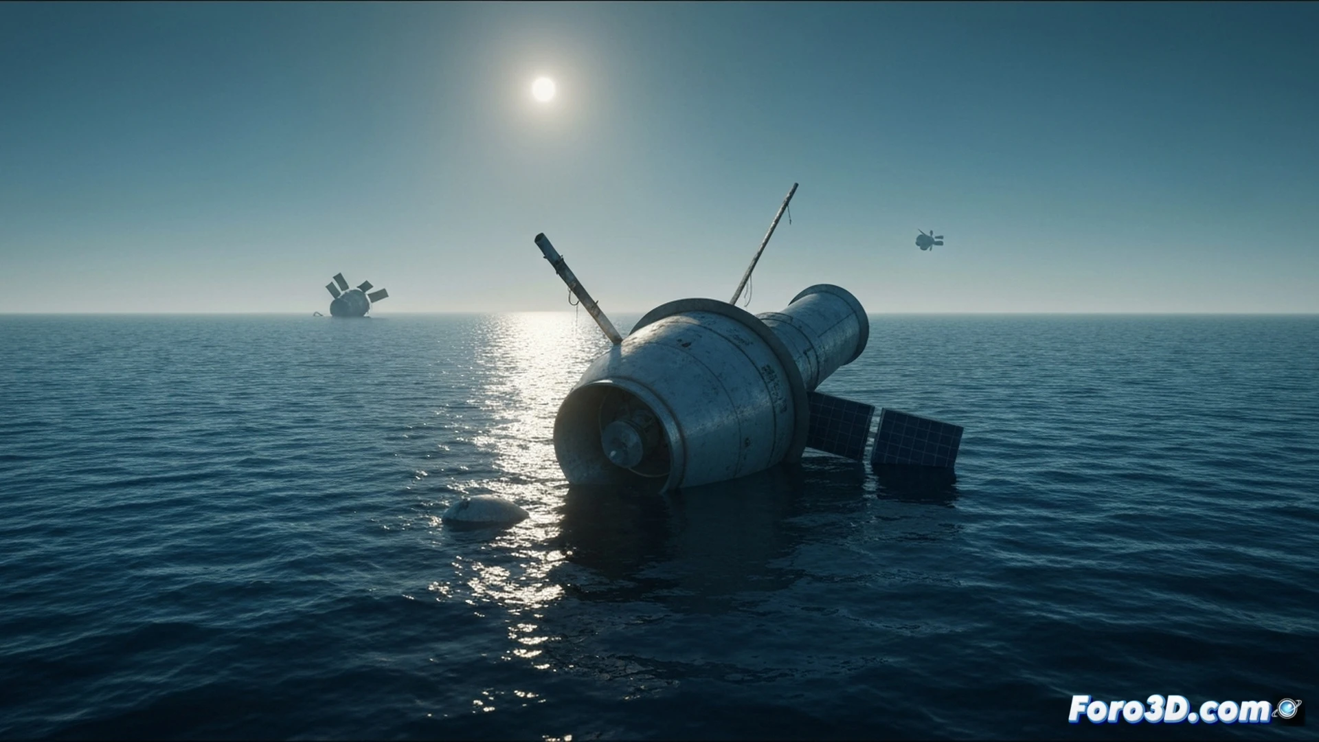 satellite debris sinking into deep ocean abyssal plain, corroded fuel tanks leaking orange hydraulic fluid and metallic particles into dark water, crushed solar panels and rocket fragments descending through murky depths, bioluminescent deep-sea creatures swimming near toxic plumes, cinematic engineering visualization, ultra-detailed mechanical wreckage, realistic underwater corrosion textures, dramatic blue-black lighting with subtle green chemical glow, particles dispersing in slow motion, photorealistic technical render, submarine trench floor visible with scattered wreckage