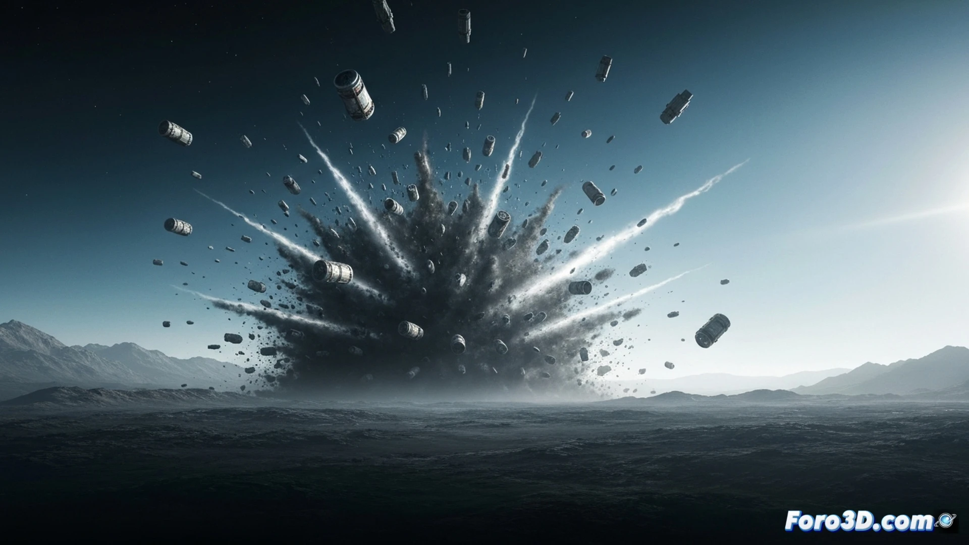cinematic photorealistic wide shot of a titanium alloy debris fragment from a rocket motor reentering atmosphere, glowing red-hot with trailing plasma, descending over a forested mountain range at dusk, visible impact crater in a clearing with smoke and scattered metal parts, technical detail on the fragment showing high-density engine nozzle and carbon fiber layers, dramatic lighting from the fiery descent, ultra-detailed mechanical textures, atmospheric haze, realistic thermal stress visualization, engineering illustration style