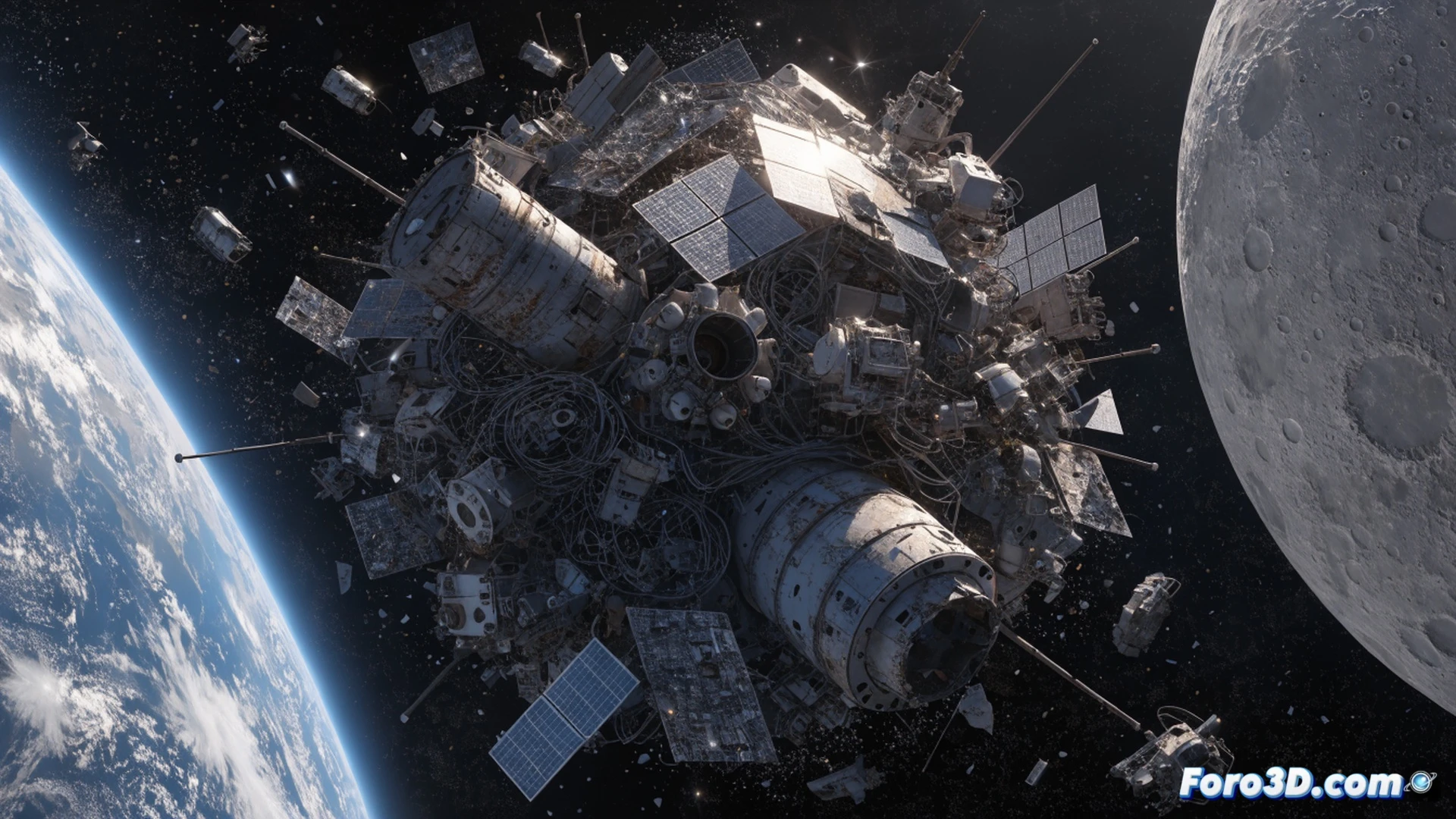 photorealistic cinematic scene of Earth s orbit filled with thousands of metallic satellites and debris fragments, a discarded rocket stage slowly tumbling while solar panels collide with a defunct satellite, visible impact sparks and fragmentation, Earth glowing blue in background, space junk creating a dense ring of waste, dramatic high contrast lighting, ultra-detailed spacecraft components, scratched thermal blankets, exposed wiring, broken antennae, technical engineering visualization, debris cloud expanding outward, motion trails of orbiting fragments, realistic vacuum of space, cold harsh sunlight, warning red blinking lights on a drifting satellite