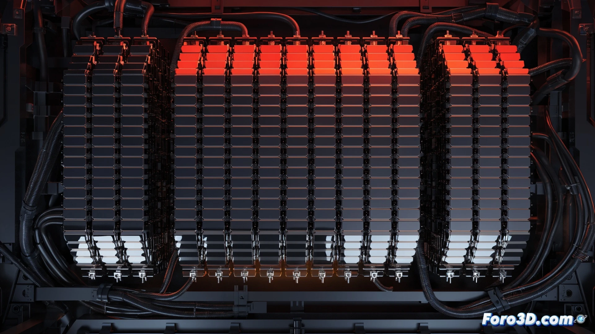 cross-section view of electric car battery pack showing internal cell modules, robotic diagnostic arm scanning battery modules with blue laser light, holographic display projecting 90 percent capacity retention graph above the battery, cooling tubes and busbars visible inside the partially opened casing, mechanics hand holding a worn battery cell next to a pristine cell demonstrating minimal degradation after 160,000 km, technical engineering visualization, photorealistic render, clean workshop environment with soft overhead LED lighting, precise metallic textures, subtle wear marks on connectors, glowing thermal sensors, ultra-detailed electronic components, cinematic industrial style