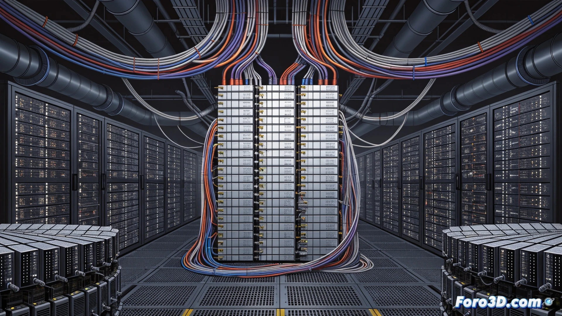 Photorealistic engineering visualization of a data center construction site, workers installing a large lithium battery rack system while a digital safety hologram displays dynamic fire suppression zones and voltage thresholds, robotic arms securing battery modules into server rows, blue and orange industrial lighting reflecting off metallic surfaces, cooling pipes running overhead with glowing coolant flow indicators, concrete floor marked with laser alignment grids, ultra-detailed technical components with visible circuit patterns and thermal sensors, cinematic wide-angle shot showing the integration of power storage into the server infrastructure