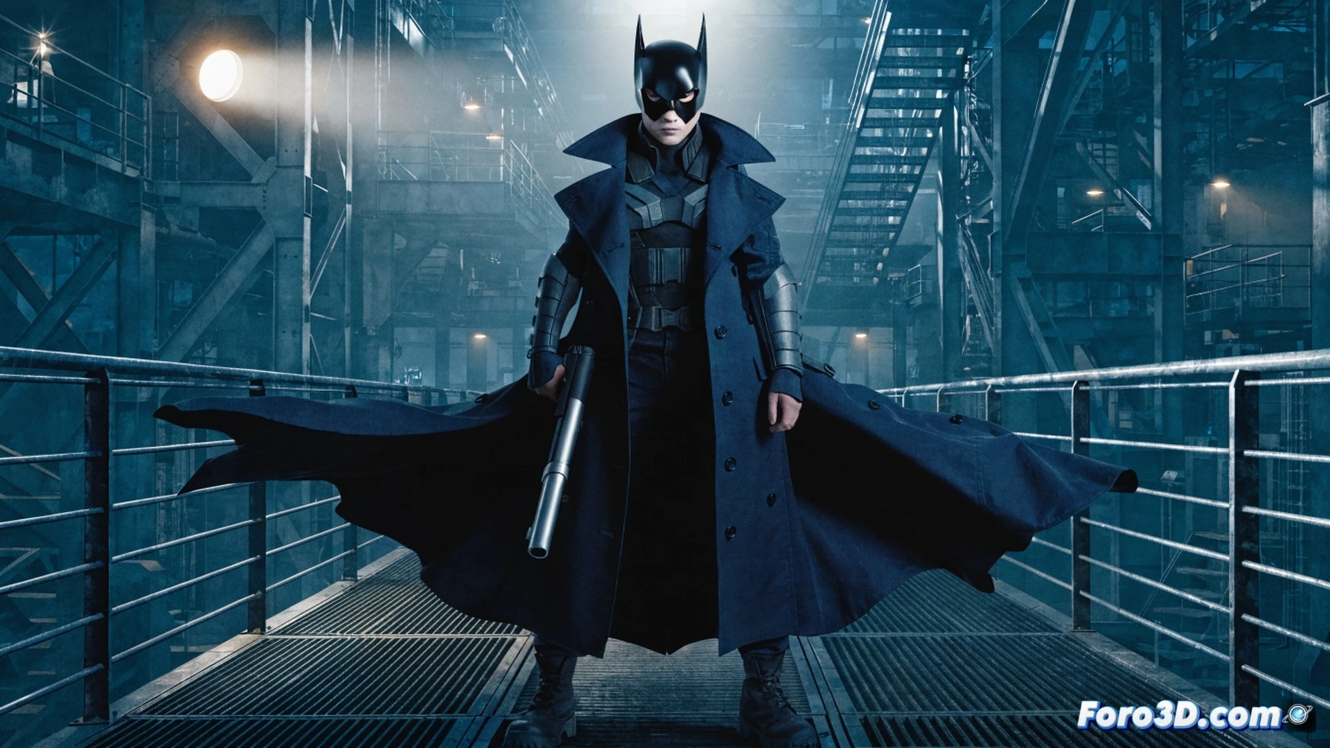 Batgirl silhouette in rain-soaked Gotham alley, wearing gabardine trench coat and combat boots, holding non-lethal shotgun, stance blending masculine and feminine traits, dramatic motion as she turns to confront unseen threat, cinematic photorealistic style, wet concrete reflecting neon signs, steam rising from manhole covers, shadows distorting her figure, dark blue and purple color palette, rain streaks catching streetlight, gritty urban atmosphere, detailed fabric folds, metal buckle reflections, ultra-realistic textures, no visible text or symbols, 4K cinematic render