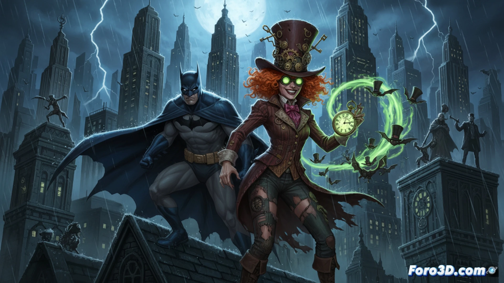Batman, de pie en una azotea sombría de Gotham, mira a una mujer elegante con un sombrero de copa rojo y sonrisa enigmática.