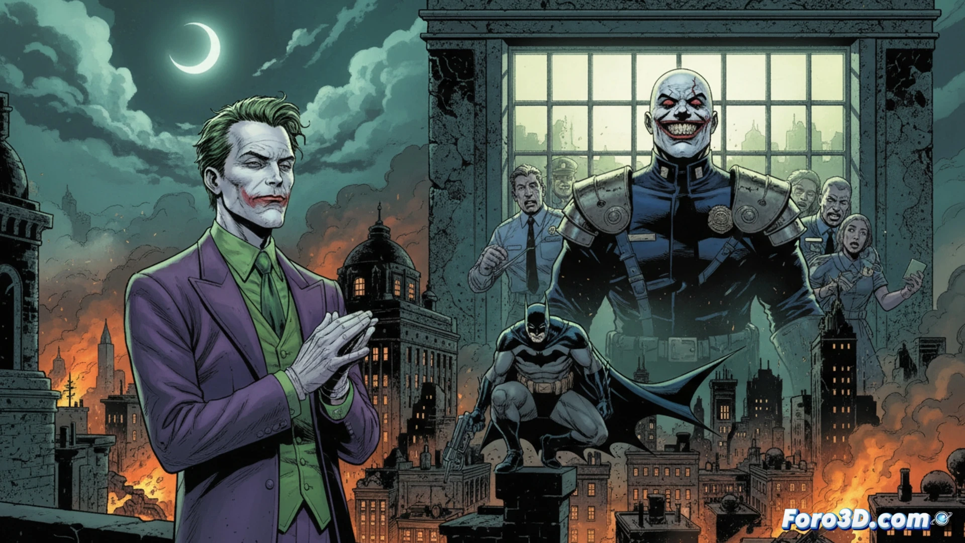 Vandal Savage en uniforme de comisionado de policía, sonrisa grotesca iluminada por neones verdes de Gotham, sosteniendo un casco de Joker roto con dientes metálicos, mientras un Batman herido observa desde una azotea, su capa rasgada por una explosión de cartas de póker, fondo de callejón con humo tóxico y reflectores policiales, estilo cinematic photorealistic, ultra-detallado, iluminación dramática de contraste alto, texturas de asfalto mojado y cristales rotos, composición de acción suspendida, atmósfera de thriller psicológico.