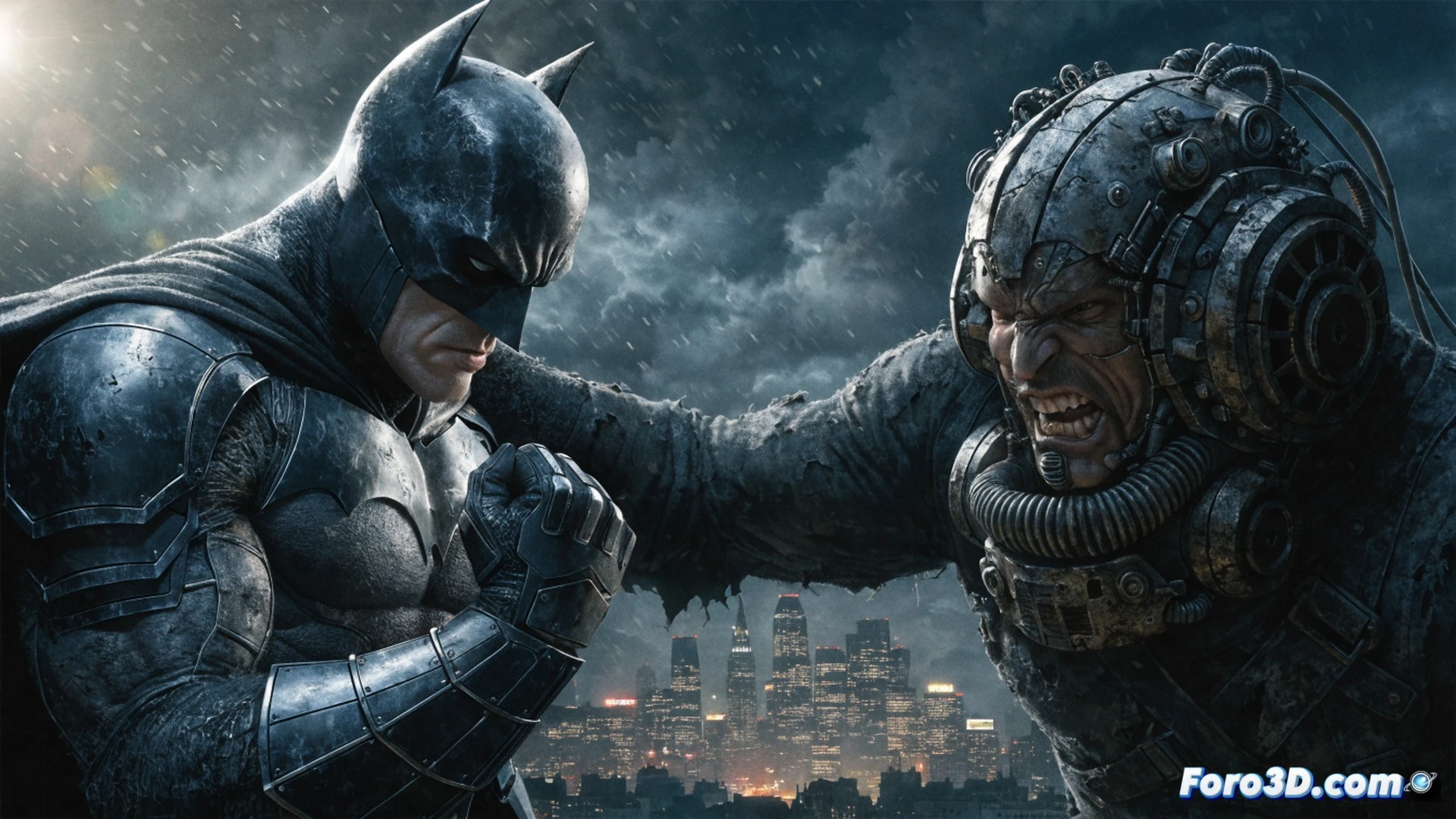 Batman en su Batcueva derrumbándose, capa desgarrada, Bane levantándolo con un brazo mientras su columna se quiebra, consolas de monitoreo con pantallas de vigilancia de Arkham destrozadas, cables eléctricos expuestos chispeando, suelo de concreto agrietado, estilo cinematográfico oscuro, iluminación dramática de focos industriales, texturas de metal oxidado y cuero desgastado, viñeta de acción impactante, render fotorrealista técnico