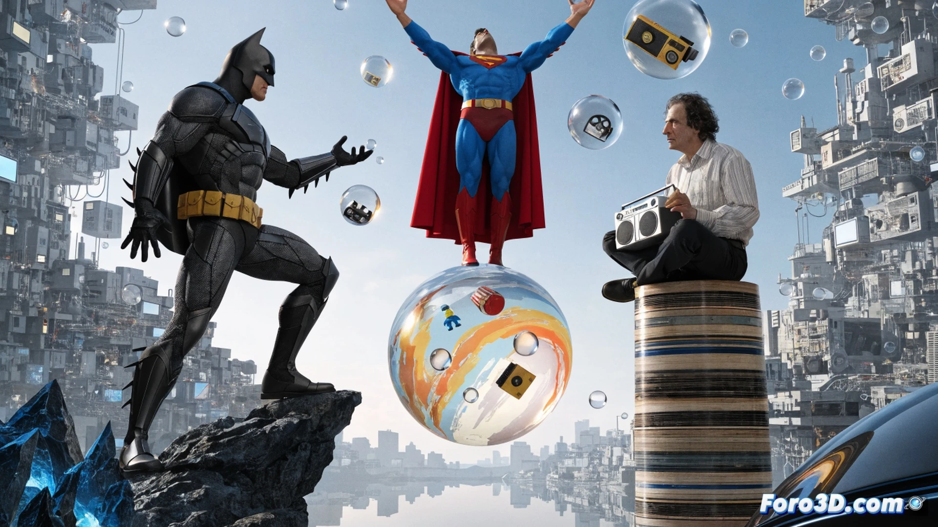 Batman y Superman en acción conjunta, lanzando un ataque sincronizado contra una nube gris y ondulante que representa la plaga del aburrimiento, mientras Weird Al Yankovic toca un acordeón modificado con cables y pantallas LED que emiten ondas de color neón, mostrando el proceso de disipación de la monotonía, fondo de ciudad gótica distorsionada con elementos cómicos, estilo cinematic photorealistic, iluminación dramática con contrastes entre sombras oscuras y destellos brillantes, acción dinámica con capas y armas de energía visual
