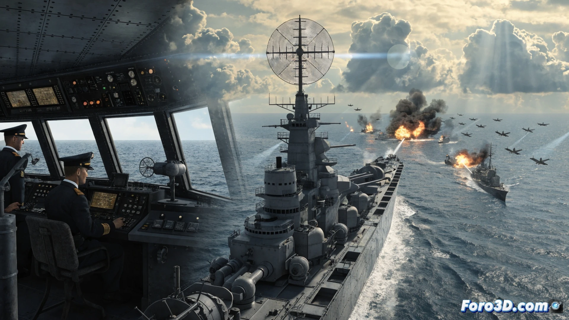 Battleship Command naval warfare simulation, Second World War battleship bridge interior at night, radar operator tracking enemy convoy on PPI scope, glowing green phosphor traces and range rings, gunnery officer aiming through optical rangefinder, fire control computer calculating firing solution, shell splashes visible through armoured viewport, tactical map table with ship markers and plotted intercept course, vintage military instruments and dials, realistic radar console with CRT display, dramatic low-key lighting from instrument panels, cinematic historical visualization, photorealistic technical render