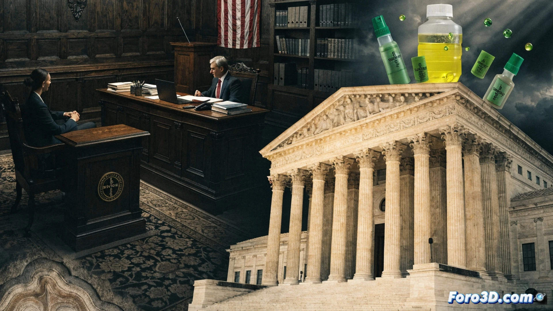 aerial view of a courtroom scene with a gavel striking a stack of legal documents labeled with hazard warning symbols, a large bottle of Roundup herbicide on the judge bench, while a molecular diagram of glyphosate hovers above a microscope slide showing cell structures, dramatic shaft of light illuminating the scene, photorealistic technical illustration, legal and scientific elements combined, sharp focus on gavel and chemical structure, dark mahogany wood textures, sterile fluorescent lighting, ultra-detailed courtroom environment
