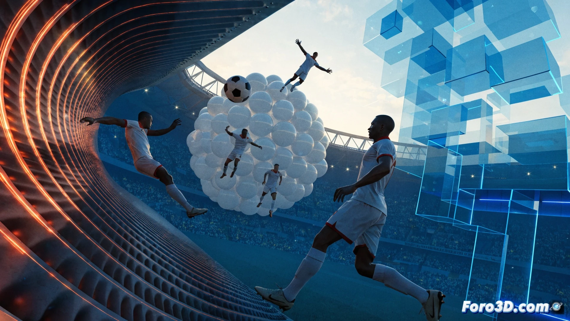 fútbol 3D interactivo sin gafas, aficionado tocando pantalla táctil gigante mientras cambia ángulo de cámara durante un partido virtual, jugadores renderizados en tiempo real con datos tácticos superpuestos, campo de fútbol con líneas de movimiento y calorimetría, interfaz de app BBC con controles de seguimiento de jugador, cinematic technical illustration, iluminación de estadio digital, texturas de césped y gradas fotorrealistas, sombras dinámicas, gráficos vectoriales brillantes, estilo visual de motor de juego profesional