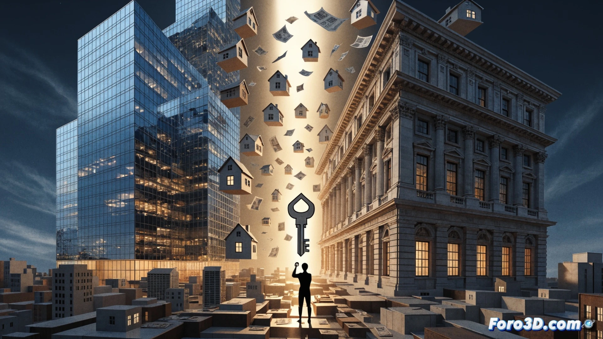 photorealistic architectural scene, luxury glass tower casting long shadow over modest apartment block, transparent wall revealing bank vault interior with gold bars stacked high, while outside a young family struggles to read mortgage contract with 2.4 percent rate displayed on calculator, gate with heavy padlock separating them from building entrance, inequality gap visualized through cracked pavement, cinematic lighting contrasting warm gold interior with cold blue exterior, ultra-detailed urban texture, dramatic perspective emphasizing vertical wealth divide