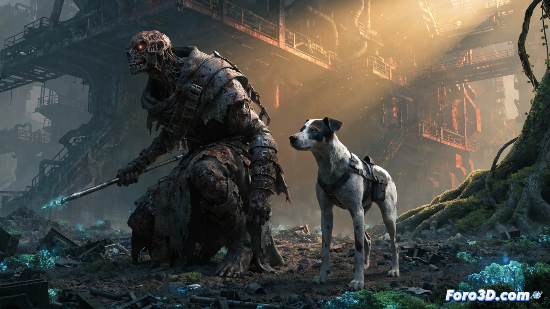 mutated fox-like creature with glowing blue veins and exposed ribcage lunging at a survivor in a gas mask, toxic green mist rising from cracked asphalt, ruined city skyline with collapsed skyscrapers, a mechanical dog named Koo with red optical sensors barking defensively, RPG action scene showing the survivor aiming a makeshift rifle with holographic targeting overlay, dark cinematic atmosphere with neon orange emergency lights flickering, photorealistic post-apocalyptic rendering, volumetric fog, debris particles suspended in air, high-contrast dramatic shadows, Unreal Engine 5 quality textures, hyperdetailed environmental decay