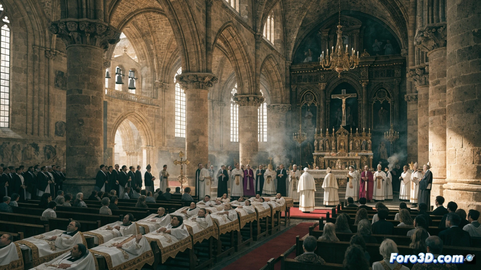 Catedral de Ibiza al atardecer, campanario con campanas de bronce repicando mientras veinte sacerdotes en sotana negra caminan en procesión hacia el altar mayor, rayos de luz dorada atraviesan vitrales medievales iluminando un libro abierto con firmas de beatificación, incienso elevándose entre bancos de madera tallada, primer plano de manos sosteniendo un cáliz de plata, fotorealismo cinematográfico, iluminación dramática con sombras profundas, textura detallada de piedra caliza y mármol, estilo fotografía documental religiosa de alta definición