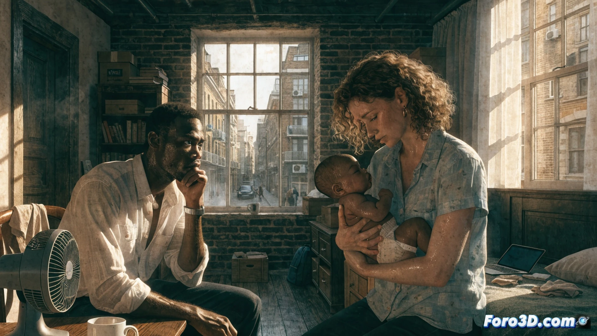 infant bedroom thermal crisis scene, baby lying in crib wearing only a diaper, skin flushed red, sweat droplets on forehead, digital thermometer on nightstand displaying 31 degrees Celsius, wall-mounted thermostat showing high humidity, window sealed with blackout curtains trapping heat, electric fan oscillating on dresser blowing hot air, parents standing in doorway looking distressed, one parent holding a smartphone showing NHS safety guidelines for 16-20 degrees, technical illustration style, photorealistic domestic interior, warm orange color temperature, claustrophobic atmosphere, dust particles visible in harsh afternoon sunlight streaming through curtain gaps, ultra-detailed fabric textures, cinematic lighting with deep shadows, health hazard visual documentation