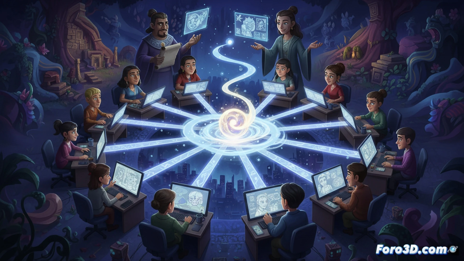 two animators collaborating at a dual-monitor workstation, one sketching a mythical creature on a drawing tablet while the other adjusts a 3D character rig in animation software, storyboard panels of folklore scenes pinned to a corkboard, mentor notes visible on a shared screen, cinematic photorealistic style, warm studio lighting, stylized cultural artifacts on the desk, digital brushes and stylus in action, glowing interface elements, technical detail in the software UI, depth of field emphasizing creative process
