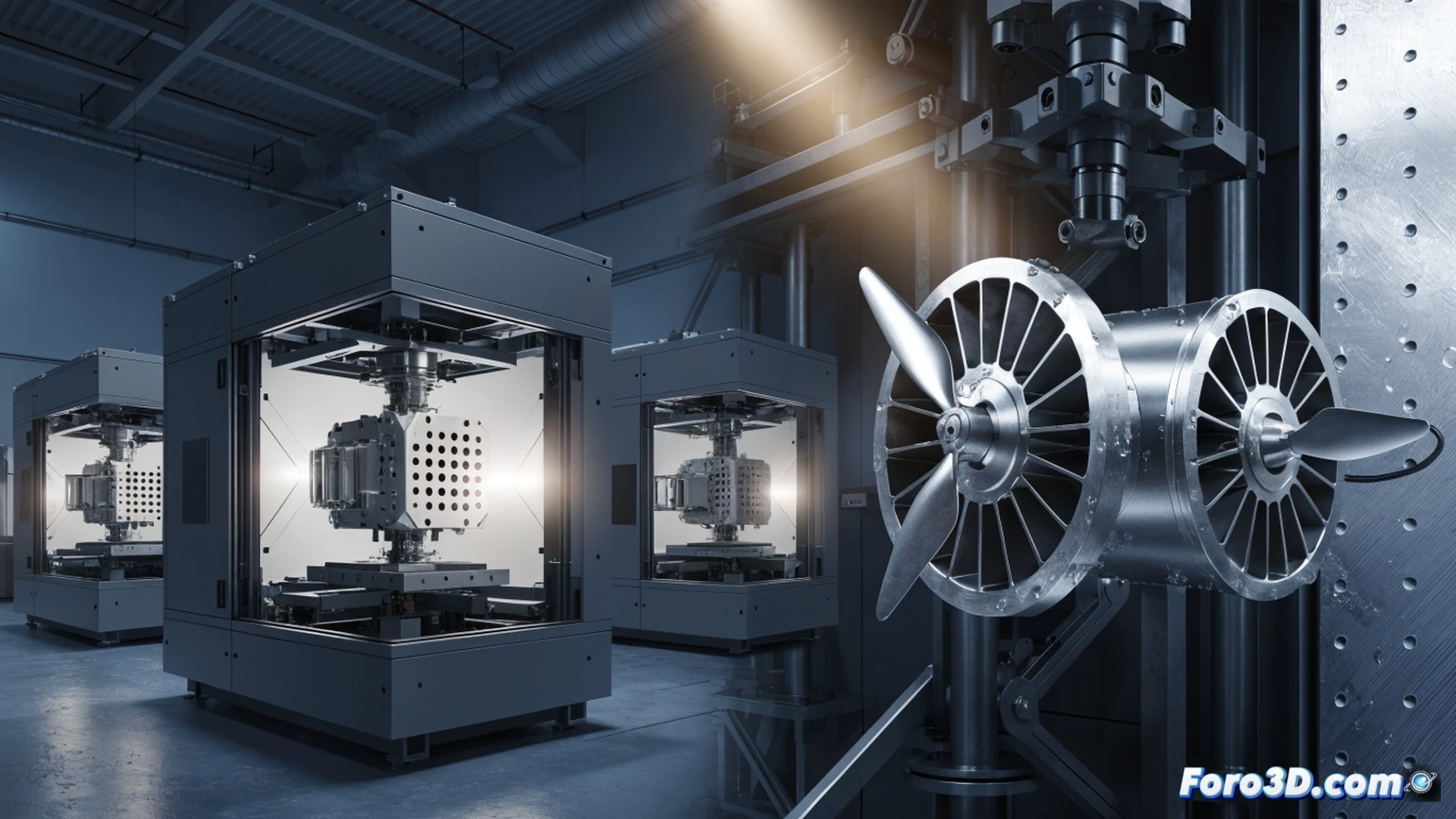 Industrial 3D printing facility showing thirty metal printers simultaneously fabricating drone engine components, robotic arms transferring glowing hot turbine parts from build platforms, engineers monitoring real-time production data on holographic displays, metallic drone engines in various stages of completion, military-grade alloy surfaces with visible layer lines, bright orange molten metal deposition in progress, overhead crane moving finished engines to assembly area, dramatic blue and orange lighting, ultra-detailed mechanical textures, photorealistic engineering visualization, cinematic industrial atmosphere