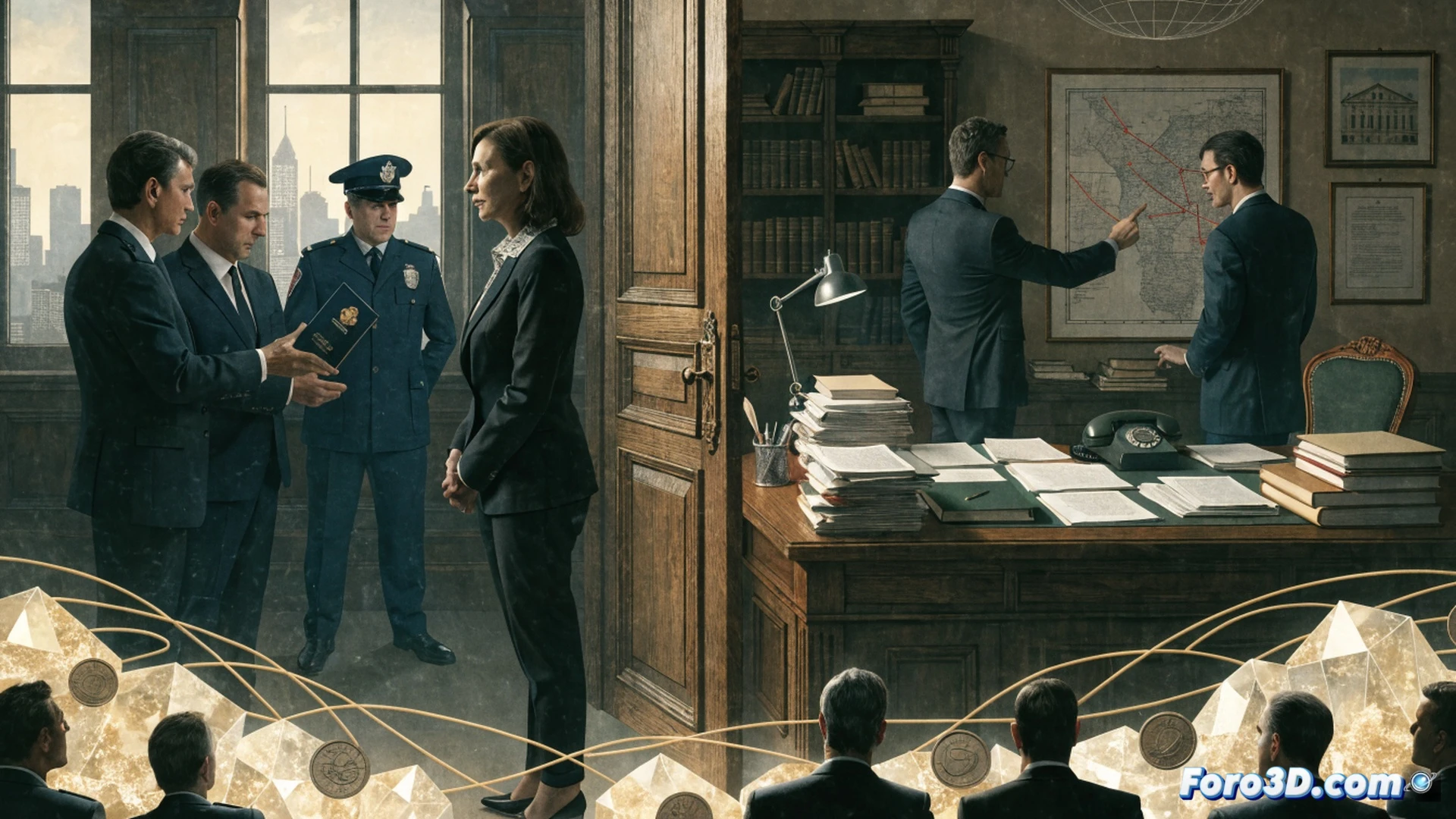 photorealistic courtroom scene, judge handing over a confiscated passport to a bailiff, passport partially hidden in a sealed evidence bag, legal documents and case files stacked on wooden desk, gavel resting on sound block, digital monitor displaying a corruption case timeline in background, official seal on wall, dramatic overhead lighting casting shadows, tense atmosphere, detailed textures of leather chairs and polished wood, cinematic composition, hyper-realistic technical illustration