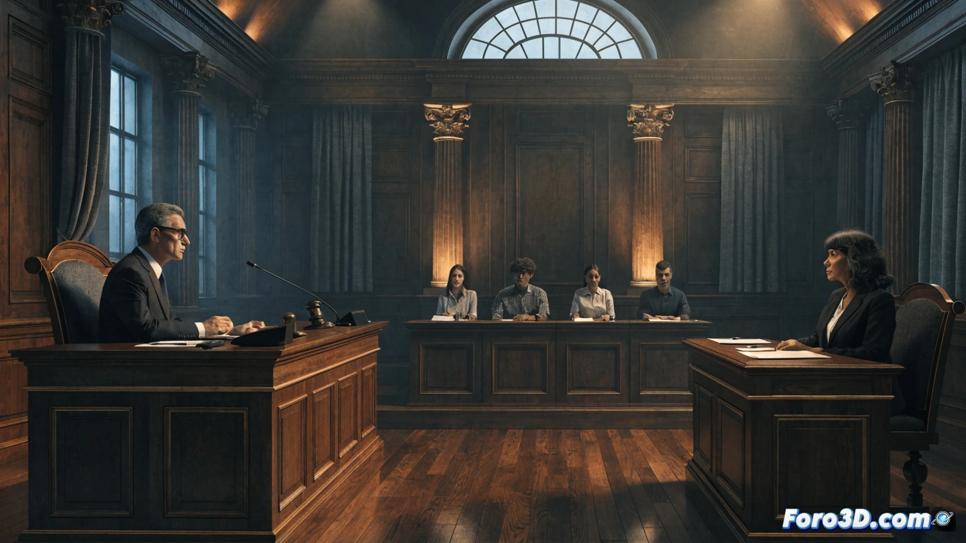 courtroom scene with judge Peinado handing official notification to Begoña Gómez, jury box in background with twelve empty chairs, university emblem of Complutense on wall, legal documents and case files stacked on wooden desk, four accusation sheets labeled with caution tape, handcuffs visible on security guard belt, dramatic cinematic lighting from high windows, shadows cast across marble floor, photorealistic technical illustration style, detailed judicial robes and professional attire, tense atmosphere during legal notification process, 300 dpi engineering visualization quality