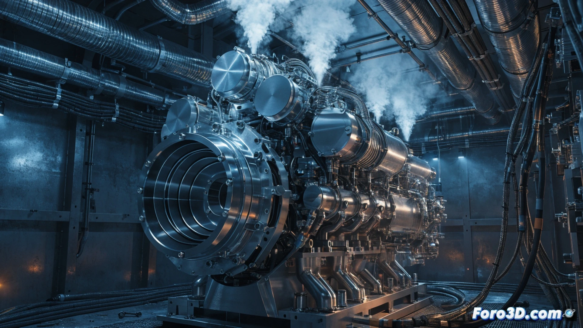 Large container ship engine room cross-section, hydrogen fuel lines glowing blue feeding a massive dual-fuel marine engine, clean steam exhaust rising from the exhaust stack while a technician monitors a digital display showing zero CO2 emissions, photorealistic engineering visualization, metallic pistons in motion, hydrogen storage tanks visible in lower compartments, condensation droplets forming on cool surfaces, dramatic industrial lighting with cool blue and white tones, ultra-detailed mechanical components, cinematic technical illustration