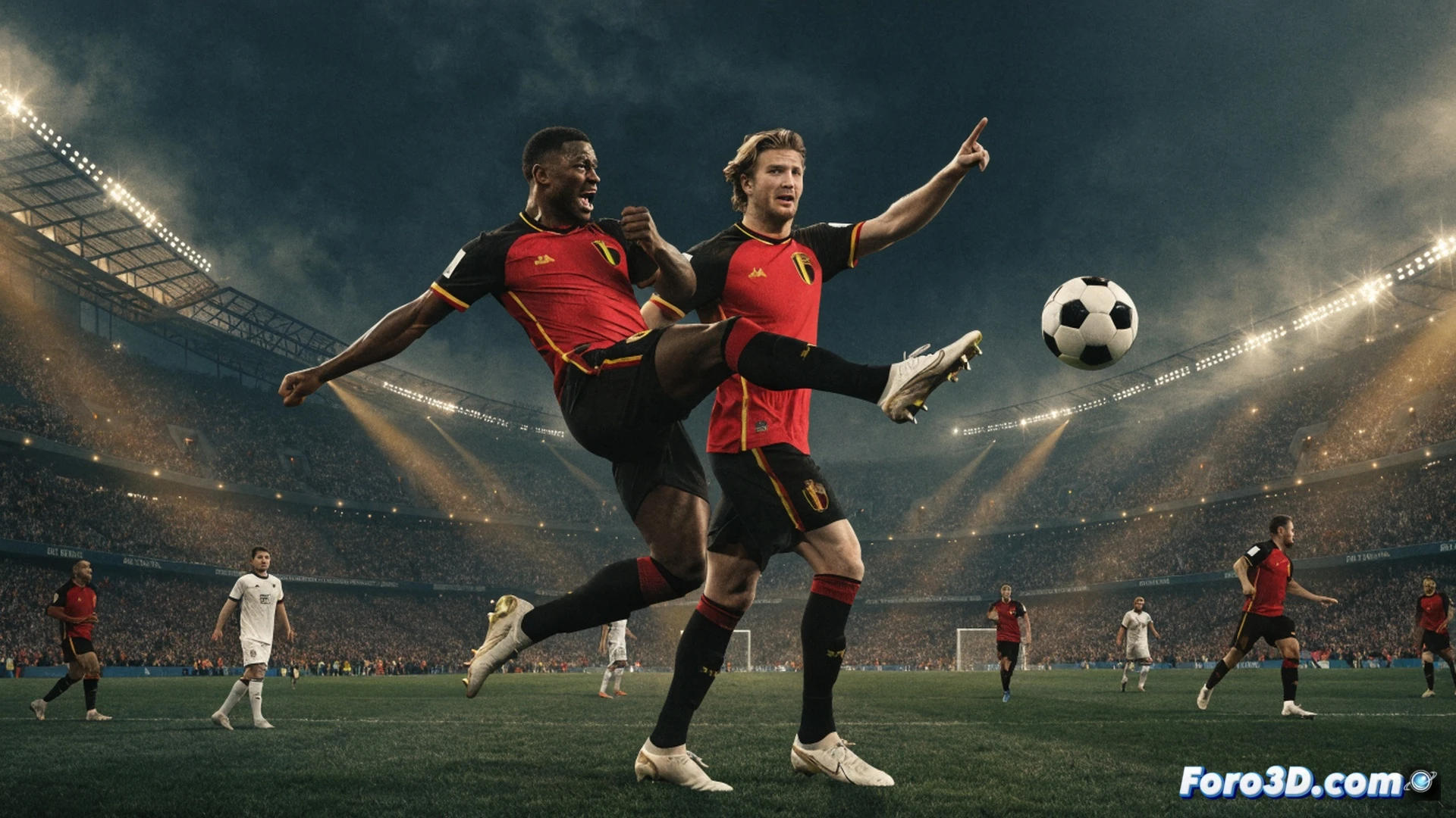 Belgian national football team celebrating on field after crushing 5-1 victory over New Zealand, veteran midfielder Kevin De Bruyne mid-strike with ball curving into net, striker Romelu Lukaku raising arm in triumph while opponent goalkeeper diving futilely, red jerseys contrasting white, stadium floodlights casting dramatic shadows on grass, cinematic sports photography style, high-speed action freeze-frame, sweat droplets frozen mid-air, intense emotional expressions, photorealistic match photography render, dynamic camera angle from low ground showing players and roaring crowd in blurred background