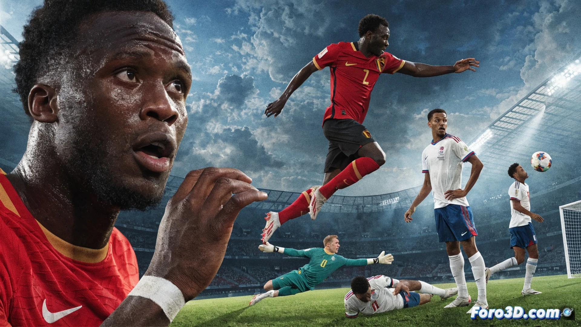 Belgium red jersey and Egypt white jersey players mid-air collision during a corner kick, Romelu Lukaku airborne heading the ball toward the goal, Egyptian defender Mohamed Abdelmonem stretching leg deflecting ball into own net, stadium floodlights casting dramatic shadows on grass, motion-blurred crowd in background, photorealistic cinematic sports visualization, sweat droplets frozen mid-air, net mesh detail, dynamic action pose, realistic muscle tension, high-speed shutter effect, ultra-detailed fabric texture, dramatic low-angle shot
