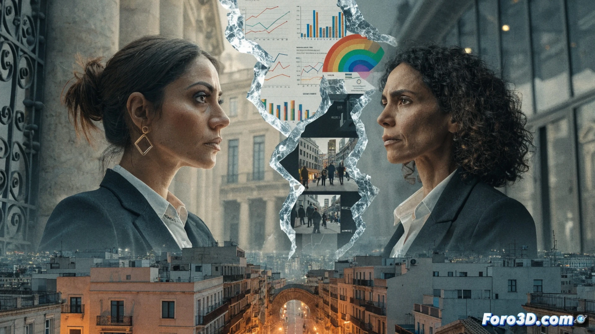 photorealistic cinematic scene of a city hall facade with a large rainbow flag being lowered while a police officer reviews documents on a tablet, a woman in a business suit gesturing forcefully toward a microphone, legal documents and a digital contract with visible red stamps being examined under a desk lamp, a gavel resting on a stack of papers with a blurred courthouse background, dramatic shadows from venetian blinds, technical illustration style, high contrast lighting, ultra-detailed textures on paper and fabric, tense atmosphere showing accusation and investigation process