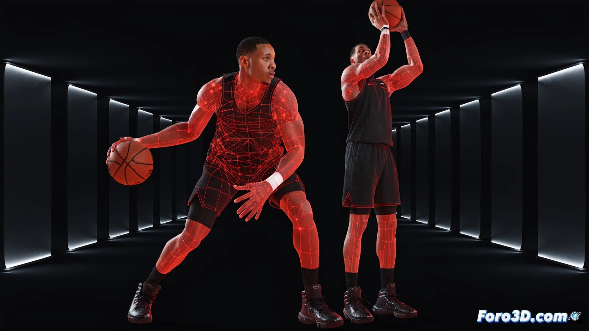 Basketball court scene showing Ben Simmons in triple-threat position at the three-point line, defensive player sagging off leaving him wide open, shot clock winding down, Simmons hesitating while looking toward the basket, his body language tense with indecision, technical overlay showing a 3D wireframe skeleton highlighting his long limbs and wingspan, a ghosted radar chart floating nearby displaying elite assist numbers but zero three-point shooting percentage, cinematic photorealistic sports illustration, dramatic arena lighting with shadows, motion blur on other players cutting, ultra-detailed muscle definition and jersey fabric texture, engineering visualization style with transparent anatomical layers