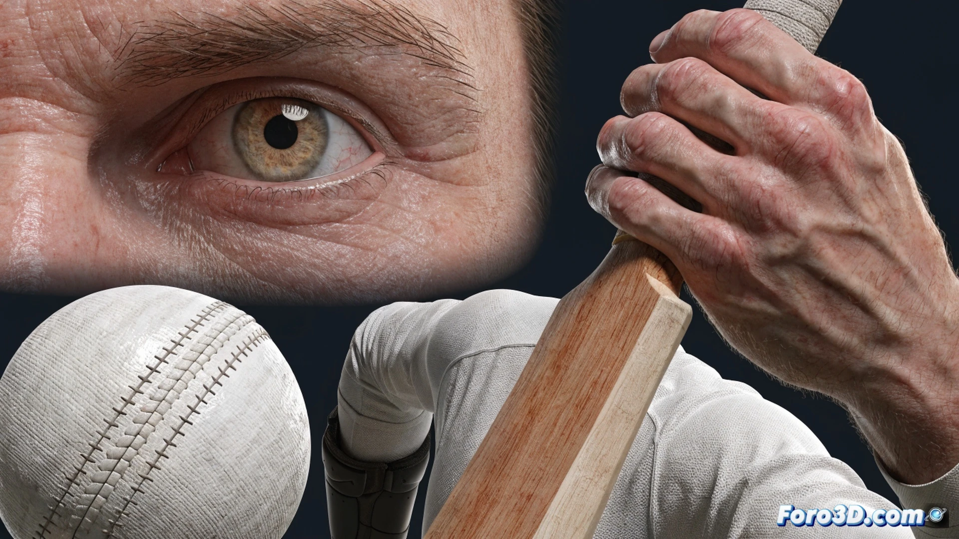 Ben Stokes en plena acción de lanzamiento, análisis biomecánico 3D mostrando su cuerpo en movimiento, líneas de fuerza y trayectoria del balón resaltadas en neón, muñeca y codo en ángulo preciso durante el release, bate apoyado en el suelo junto a un monitor con gráficos de velocidad y rotación, fondo oscuro con iluminación dramática, estilo cinematic engineering visualization, texturas metálicas y musculares realistas, fotogrametría deportiva, alta definición técnica.