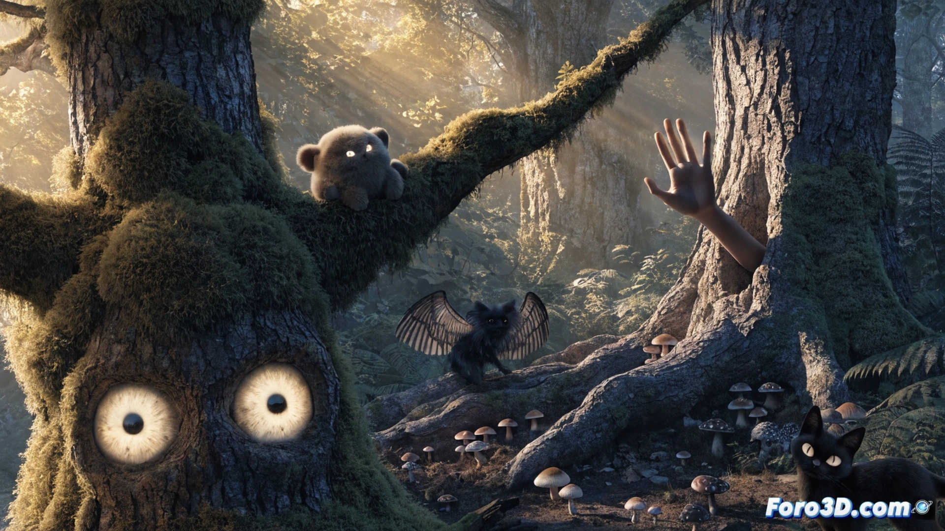 furry woodland creatures in a moonlit forest clearing, one rabbit holding a carving knife while assembling a jack-o-lantern with visible gears and wires inside, another deer adjusting a vintage film projector aimed at a flickering screen, during a technical setup for a horror movie night, cinematic illustration style, warm amber lantern light contrasting with cold blue shadows, autumn leaves scattered on the ground, detailed animal fur textures, mysterious atmosphere, photorealistic comic art render