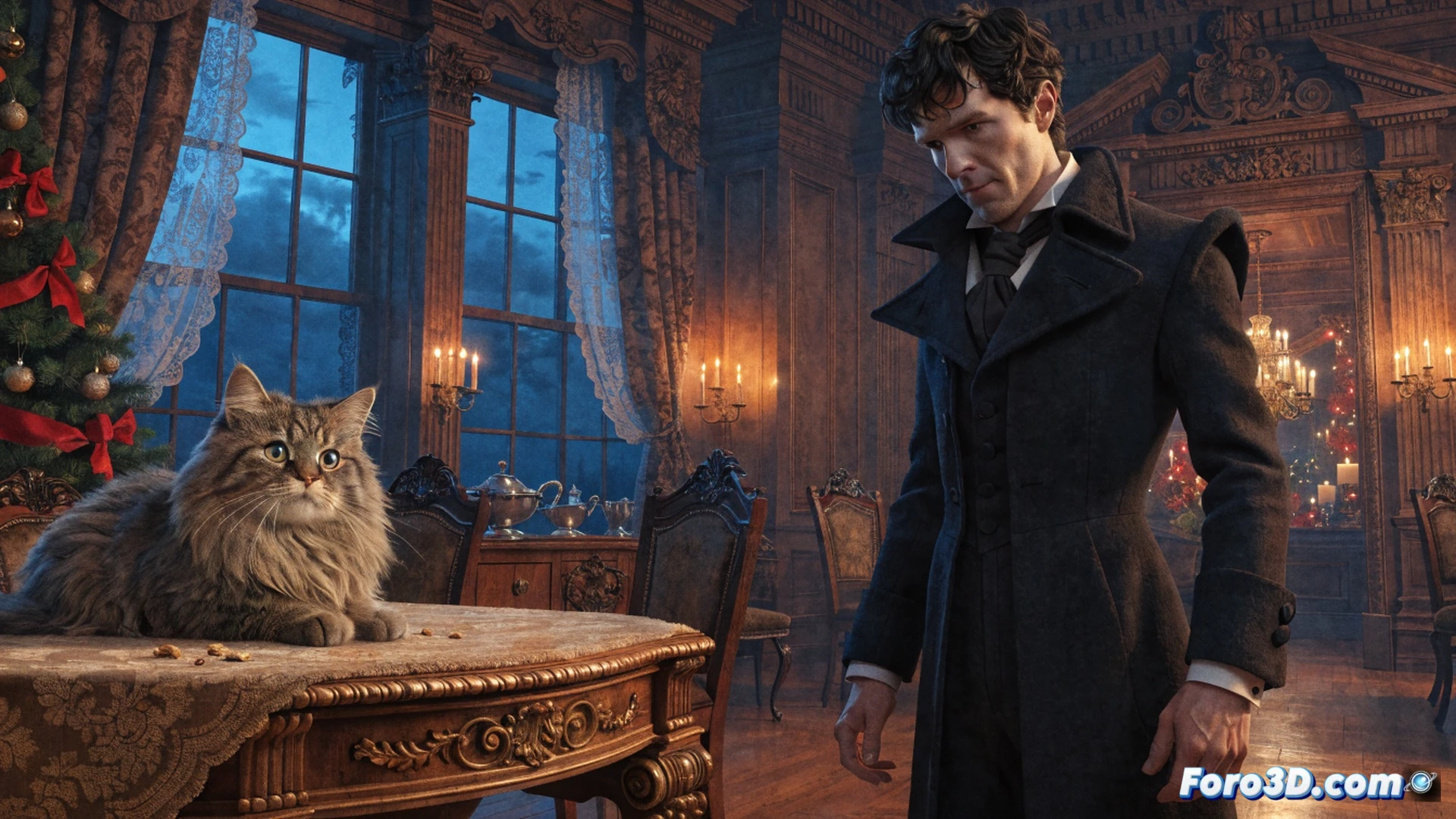 Benedict Cumberbatch como señor Thomas en estudio de animación, manos sobre tableta gráfica ajustando expresión facial de un gato animado en pantalla, mientras modelo 3D de Mog salta sobre un árbol de Navidad, luces parpadeantes reflejándose en gafas del actor, estación de trabajo con monitor curvo mostrando línea de tiempo de secuencia navideña, cinematic rendering, estilo ilustración técnica animada, luces cálidas de estudio, texturas suaves de lana y pelaje, fondo con storyboards de escenas familiares, photorealistic digital painting