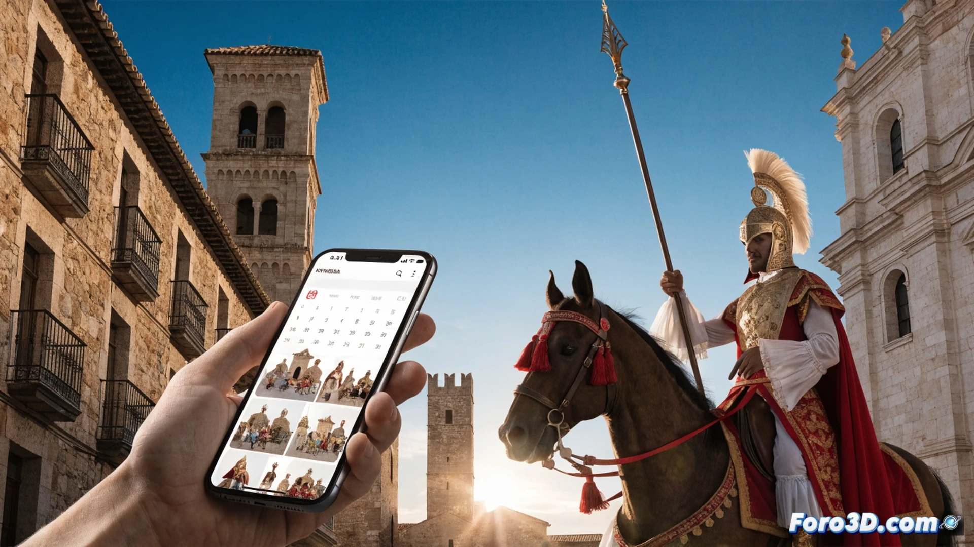 smartphone held by a hand displaying Benissa municipal app interface with cultural calendar and festival schedule, background showing Moros y Cristianos parade with costumed figures and medieval floats, digital notification badge appearing on screen for official alerts, app icon with town hall emblem on home screen, warm Mediterranean evening light, photorealistic technical illustration, clean UI elements with glowing accent colors, motion blur on parade crowd, detailed app layout showing event list and map, cinematic composition with depth of field