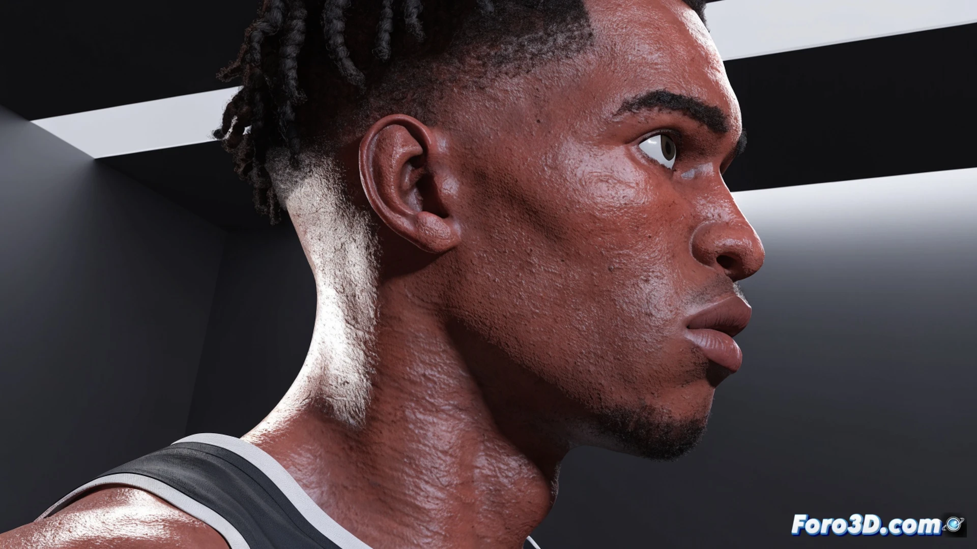 basketball player mid-air driving to the rim, left hand extending for a dunk, right shoulder lowered in aggressive posture, translucent 3D skeletal overlay showing leg muscle activation and torque in the torso, glowing red heatmap on shooting arm highlighting explosive force, blue wireframe zones around feet indicating balance instability, court lines visible below with motion trail streaks, cinematic technical illustration style, dark arena background with spotlight, photorealistic anatomical render, high contrast dramatic lighting