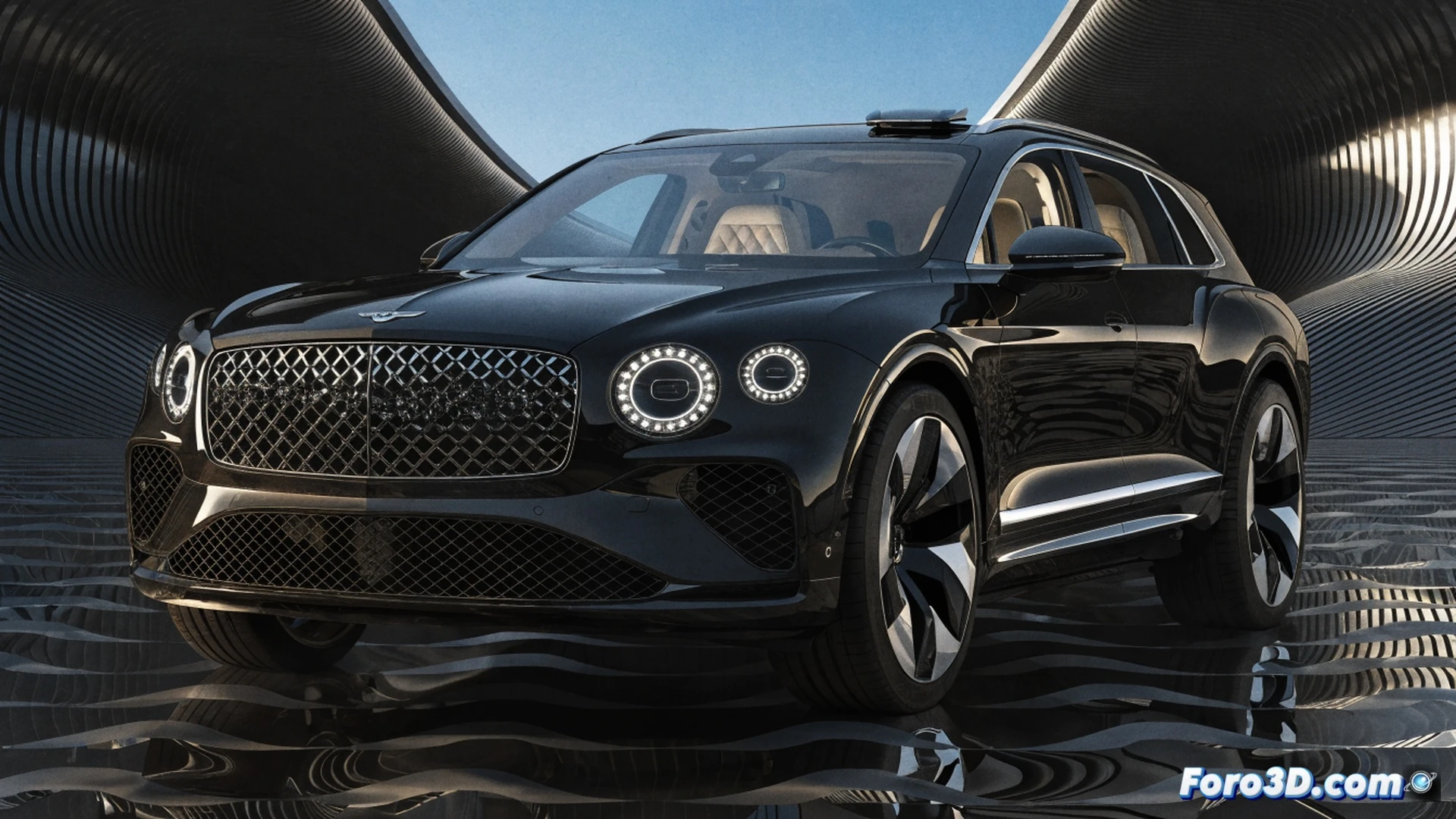 Bentley SUV eléctrico en pruebas de alto voltaje, carrocería de lujo en movimiento sobre una pista de asfalto mojado, ruedas girando a alta velocidad con neumáticos humeantes, sistema de batería expuesto bajo el chasis mostrando celdas azules brillantes, ingenieros monitoreando datos en tabletas junto a la pista, cables de carga rápida conectados al vehículo durante una parada técnica, luces LED de faros proyectando haces nítidos en la niebla, suspensión neumática activa comprimiéndose en una curva cerrada, estilo cinematográfico ultrarrealista con iluminación nocturna industrial, reflejos metálicos en la pintura negra, fondo borroso de garaje de pruebas con herramientas y soportes mecánicos