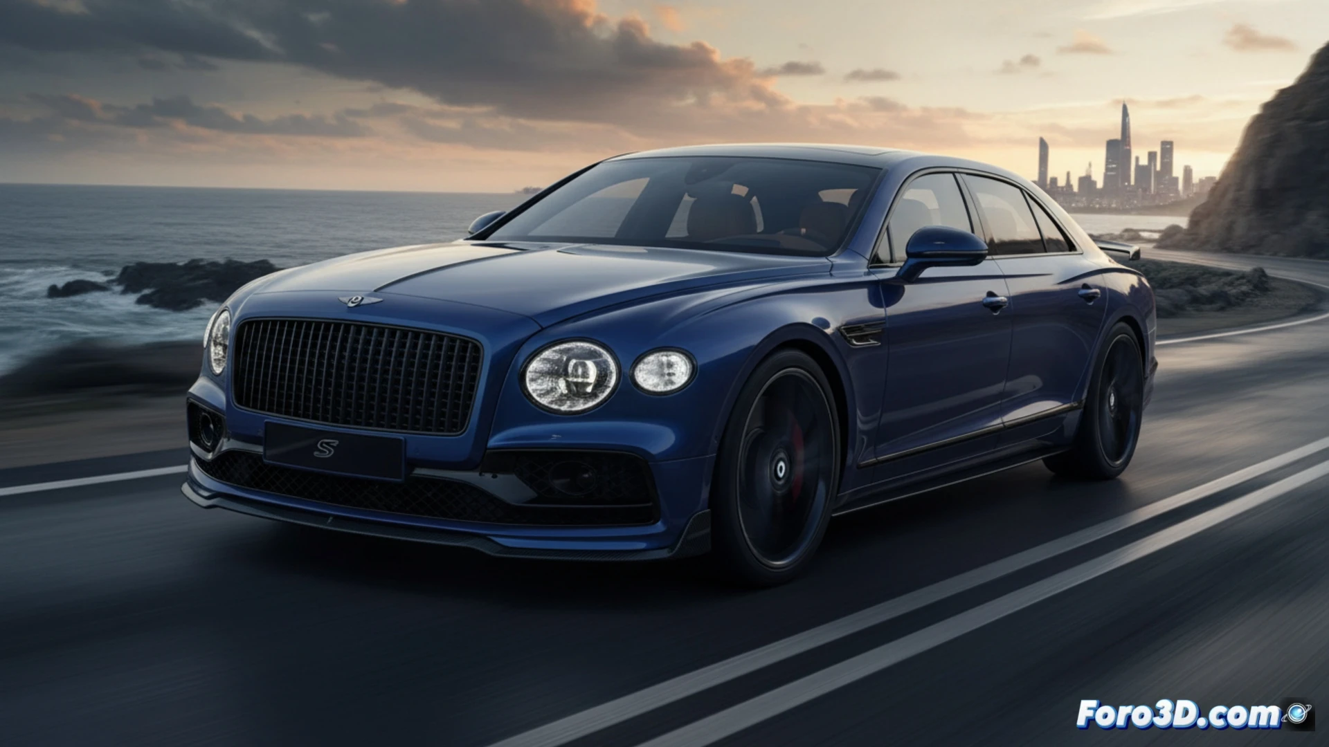 Bentley Flying Spur S 2027 performing a high-speed launch on a test track, rear wheels spinning with tire smoke, glowing brake discs at high temperature, aerodynamic front splitter cutting through air, visible carbon-ceramic brake calipers and suspension arms in motion, hood slightly open revealing a twin-turbo V8 engine bay with polished intake manifolds, cinematic engineering visualization, dynamic motion blur, dramatic studio lighting with cool blue and warm amber accents, ultra-detailed metallic bodywork reflections, photorealistic technical render