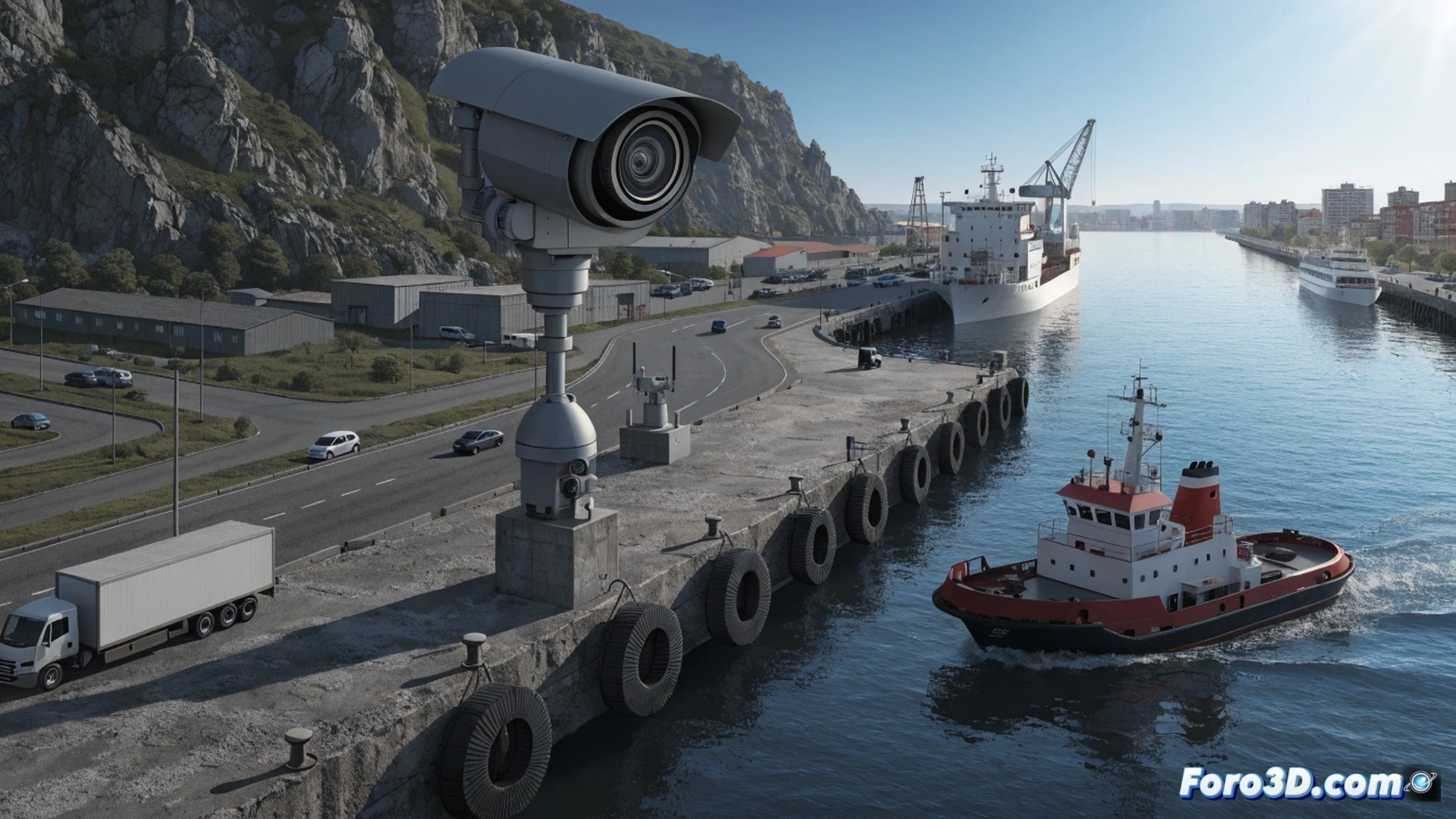 Dockworkers and security personnel coordinating at the Port of Bermeo, a security guard inspecting an access control terminal while a patrol boat monitors the harbour entrance, surveillance cameras and radar equipment visible on the pier, cargo crane loading a fishing vessel, industrial safety barriers and ID card readers at the gate, cinematic technical illustration, photorealistic maritime security scene, overcast daylight, reflections on wet asphalt, blue and grey industrial tones, detailed mechanical and electronic equipment, wide-angle lens perspective, sharp focus on safety procedures and operational coordination