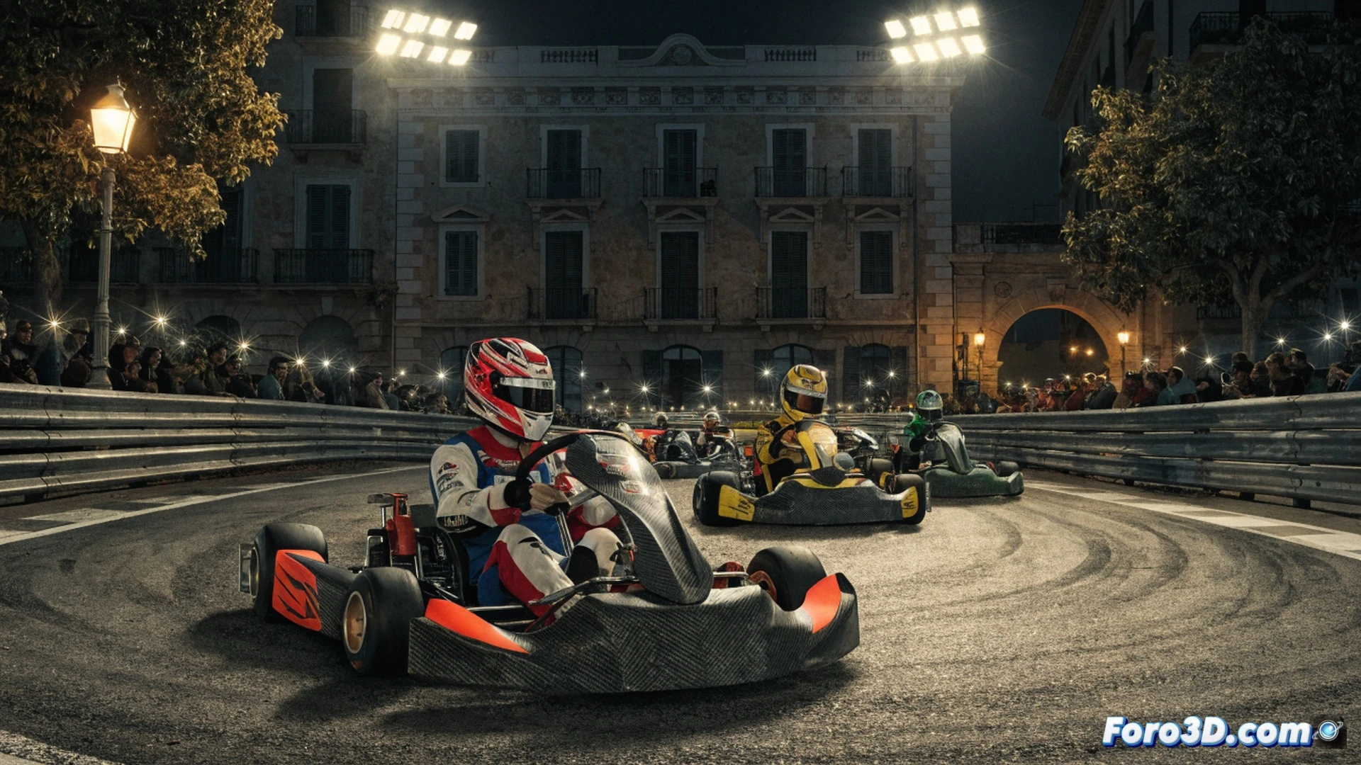 kart racing scene at Circuit Mallorca, three karts entering a sharp curve at high speed, lead kart number 1 pulling away with visible tire smoke, second kart number 7 trailing closely with front wheel slightly lifted, third kart number 11 defending inside line, track barriers and palm trees in background, dramatic afternoon sunlight casting long shadows, photorealistic motorsport photography style, motion blur on wheels and background, dust particles kicked up from asphalt, sharp focus on lead driver helmet visor reflection, vibrant blue sky with few white clouds, technical racing composition showing overtaking process