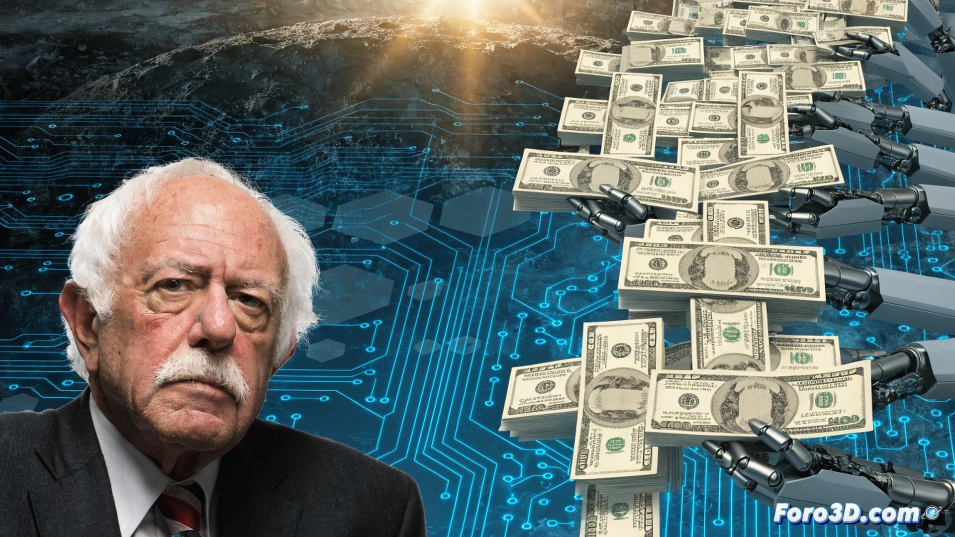 high-angle view of a futuristic American living room, a diverse group of adults holding glowing data tablets while a holographic AI interface splits into two halves, one side showing a corporate logo dissolving into public shares, the other side displaying a digital dollar sign surrounded by floating circuit boards, robotic hands passing translucent money to human hands, cinematic photorealistic style, cool blue and warm gold lighting, ultra-detailed holographic projections, polished metallic surfaces, dramatic shadows, 8K technical visualization