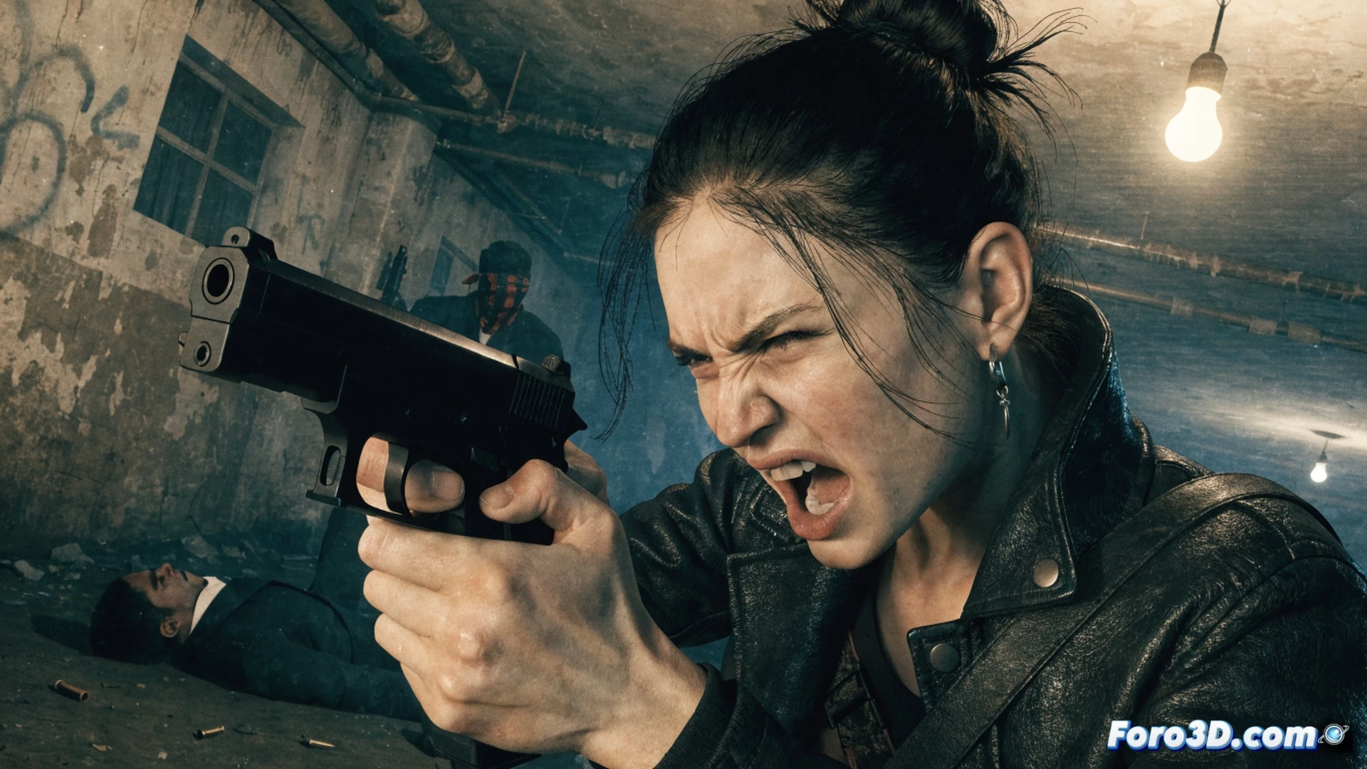 low-angle shot of a woman in a bloodstained prison uniform firing a handgun in a dimly lit, grimy concrete corridor, muzzle flash illuminating peeling paint and scattered shell casings, handheld camera aesthetic with visible chromatic aberration and grainy film grain, security camera wires dangling overhead, broken fluorescent tubes sparking, photorealistic technical render, gritty cinematic lighting, raw visceral action, motion blur from rapid movement, distressed concrete walls with moisture stains, ultra-detailed weapon recoil and impact debris