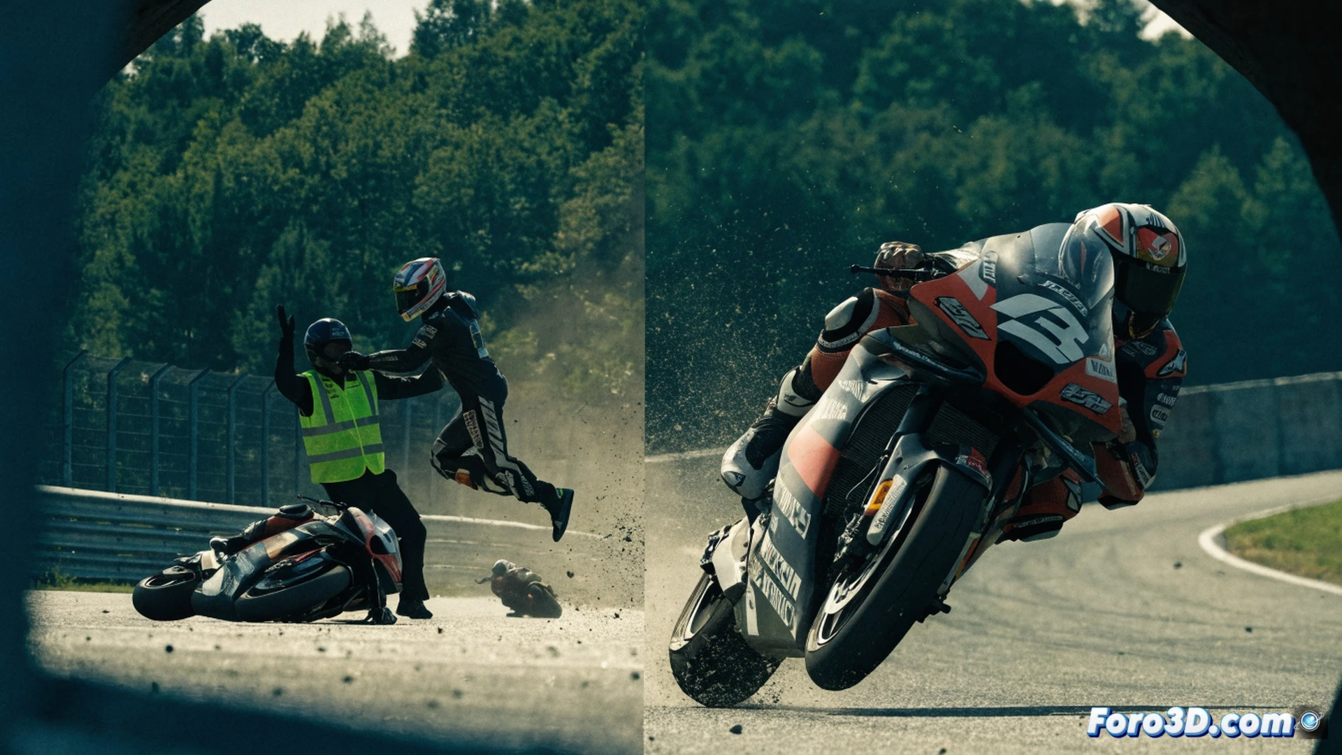 MotoGP rider Marco Bezzecchi in full leathers pushing a track marshal near a crashed motorcycle on the gravel trap at Brno circuit, marshal falling backward while pointing at the rider, race direction officials observing from a tower with red flags, Marc Márquez on his Repsol Honda waiting at the starting grid, cinematic photorealistic engineering visualization, dramatic sunset lighting, tire marks on asphalt, technical race gear details, motion blur on pit lane activity, ultra-detailed motorcycle components, realistic track textures, high-contrast industrial shadows