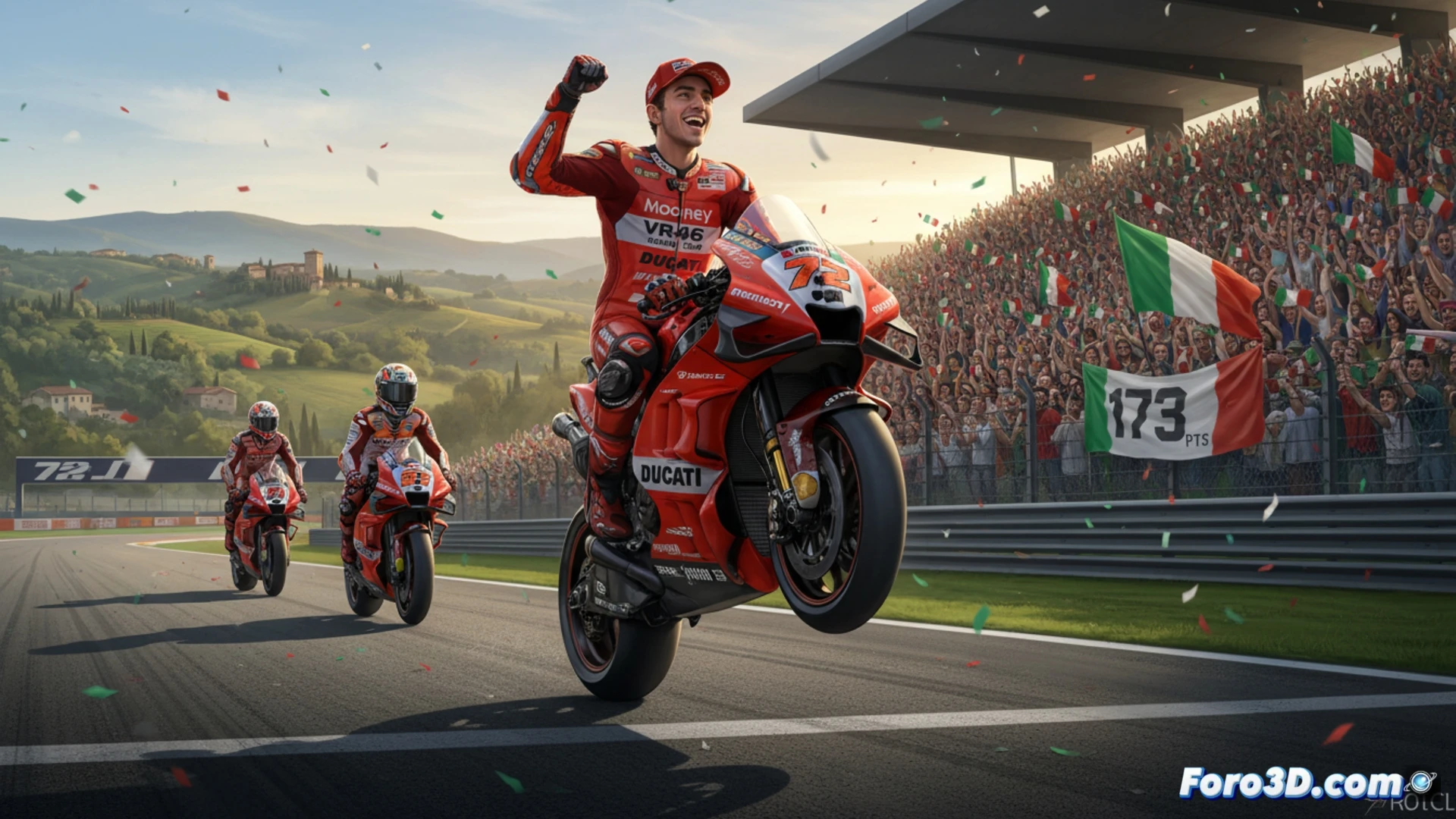 MotoGP race action at Mugello circuit, Marco Bezzecchi on Ducati Desmosedici GP23 leading Jorge Martín on Aprilia RS-GP24 during high-speed corner exit, rear tire smoking under hard acceleration, aerodynamic winglets generating visible airflow streaks, tarmac curbs with red-and-white stripes, grandstands packed with cheering Italian fans waving flags, cinematic motorsport visualization, dramatic sunlight casting long shadows, motion blur on spinning wheels, carbon fiber body panels reflecting track details, ultra-realistic racing scene, photorealistic technical render