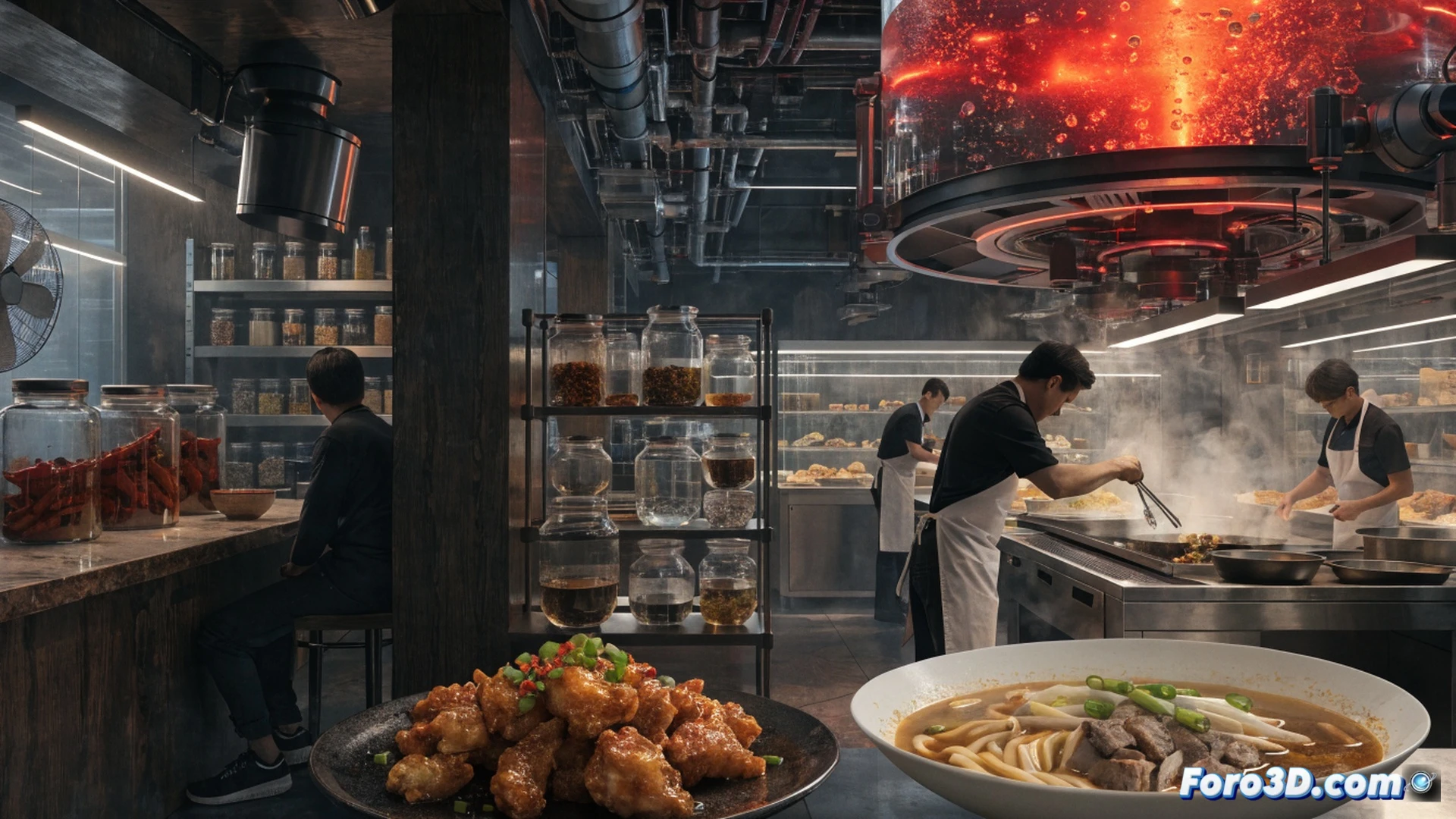 modern Taiwanese street food laboratory, chef in white coat plating spicy fried chicken on metallic counter, digital tablet displaying recipe data beside steaming beef noodle soup, neon sign glowing BFF logo on exposed brick wall, open kitchen with stainless steel woks and fryers, customers watching from communal table, cinematic photorealistic render, warm ambient lighting, steam rising from dishes, glossy ceramic plates, industrial ventilation ducts overhead, motion blur on busy hands, hyperdetailed food textures, architectural interior shot