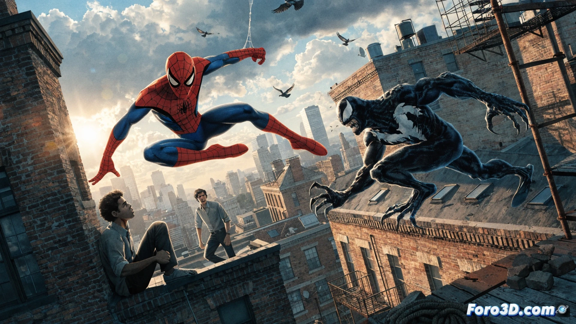 Spider-Man balanceándose entre edificios de Nueva York, disparando telarañas desde su lanzador de muñeca, mientras sostiene un cómic abierto con las páginas numeradas 71-76, mostrando viñetas de acción callejera y drama personal, lápices y tintero digital sobre una mesa de dibujo, estilo cinematic photorealistic, iluminación dramática de atardecer, reflejos metálicos en el traje, movimiento dinámico con desenfoque de acción, textura de papel de cómic envejecido, fondo urbano detallado con ladrillos y señales, composición vertical tipo portada, render técnico ultrarrealista
